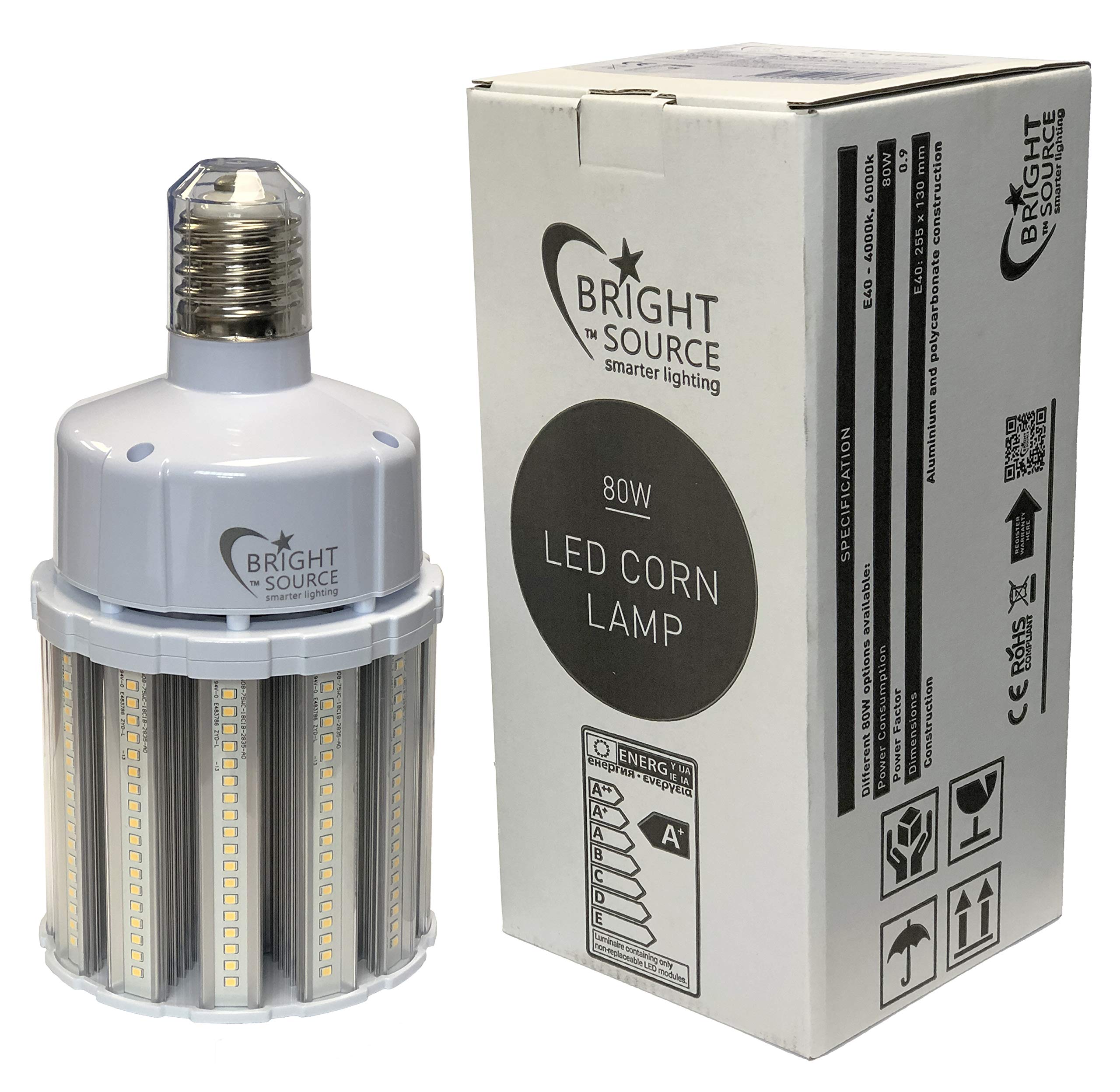 Bright Source LED Corn Light Bulb 80w E40, 6000k Daylight, 10,800 Lumen, 140 Lumens Per Watt, 360° Beam Angle, Replaces Metal Halide/Son/HID/HPS for Parking, Stadiums, Warehouse & Factory