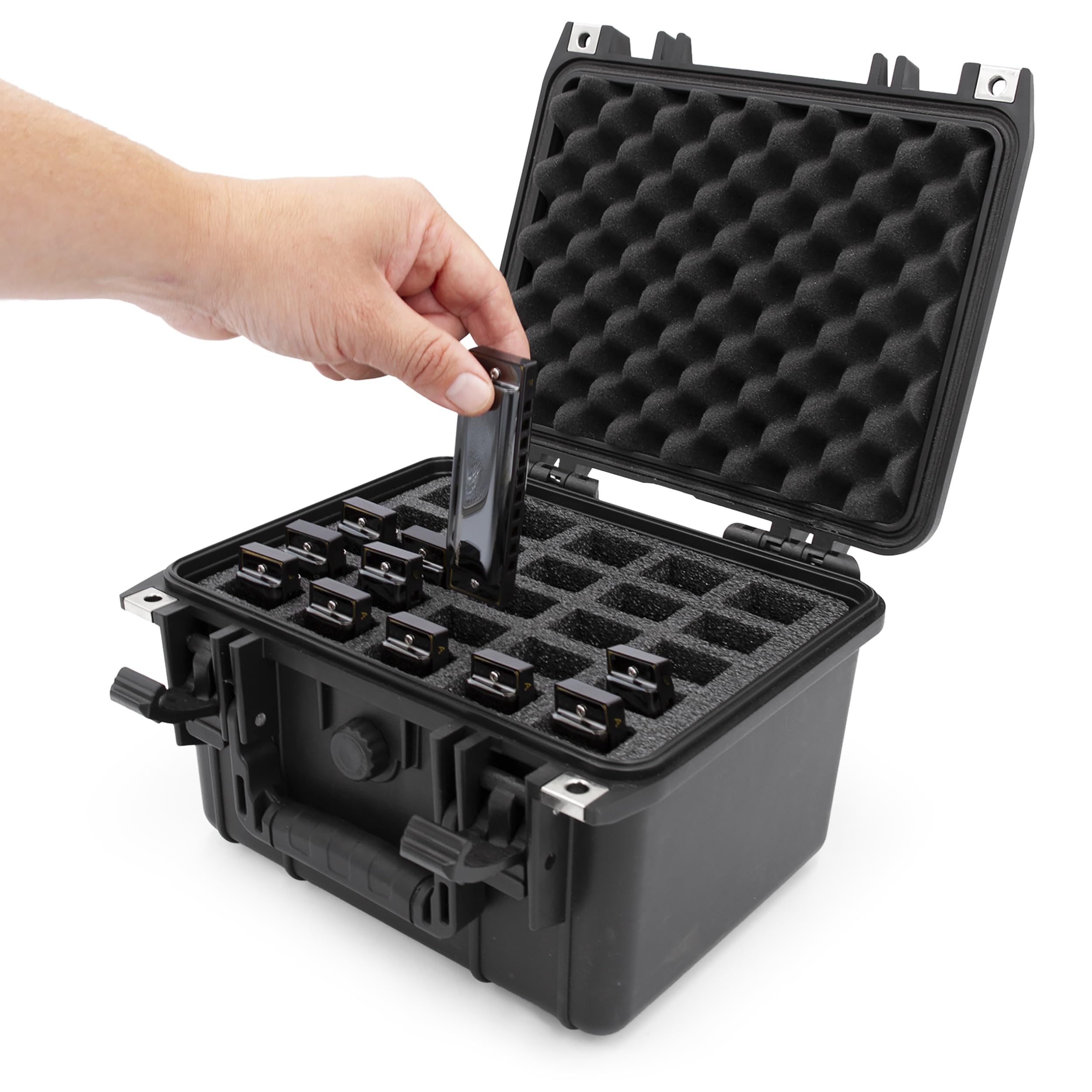 CASEMATIX Mundharmonika-Tasche für mehrere Mundharmonikas, kompatibel mit bis zu 25 Hohner, Fender und anderen Mundharmonikas bis zu 12,7 cm – inklusive wasserdichter Tragetasche nur für