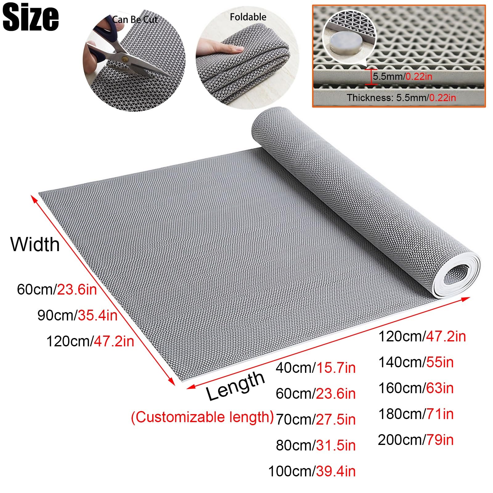 Tapete de drenaje antideslizante de PVC para baño y piscina, impermeable, rollo de malla para ducha, color gris, 90 cm x 180 cm