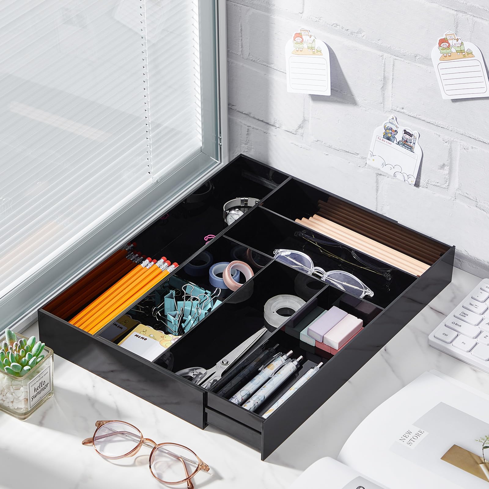 Briwooody Organizer per cassetti in acrilico, massimo 38 x 45 cm, espandibile, per penne, quaderni, righelli, vassoio per trucchi con 7 scomparti regolabili, per scrivania, ufficio, cucina, bagno