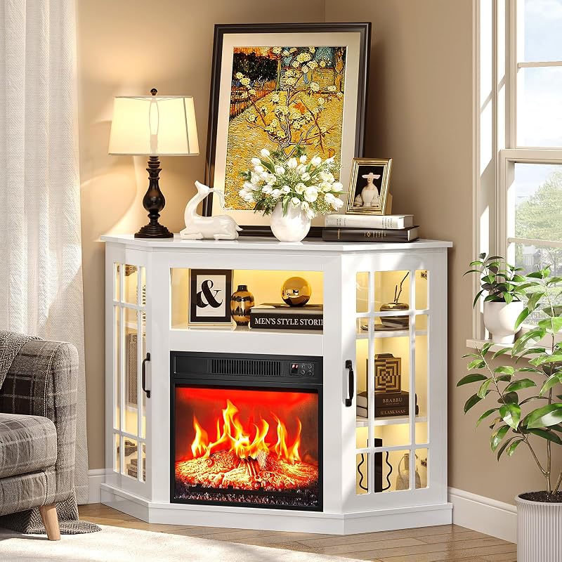 VINGLI Corner Fireplace TV Stand with Storage for TVs up to 55", White