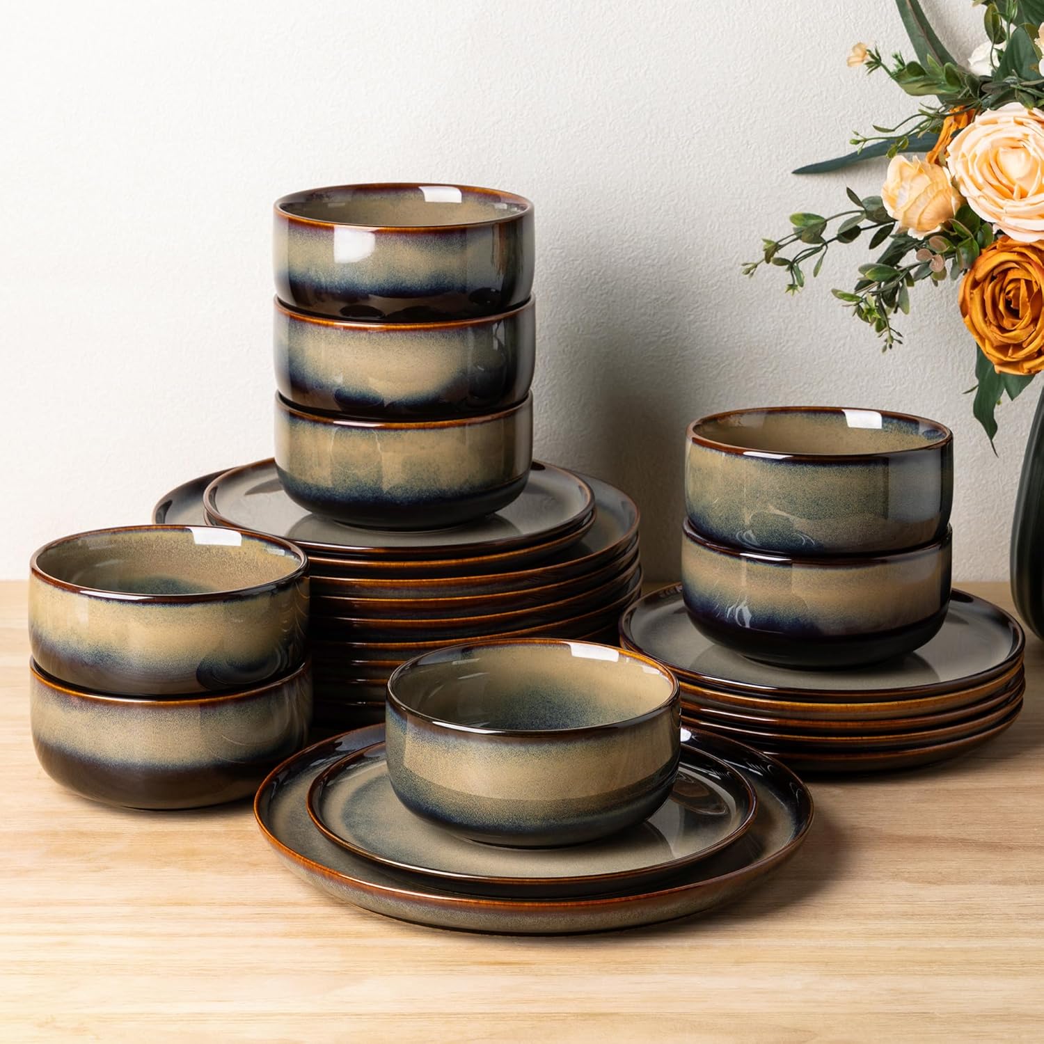 TheTerra Ceramic Dinnerware Sets for 8, 24 Pieces Handmade Reactive Glaze Plates and Bowls Set, Scratch Resistant Dish Set, Oven & Microwave & Dishwasher Safe, Coca Mocha