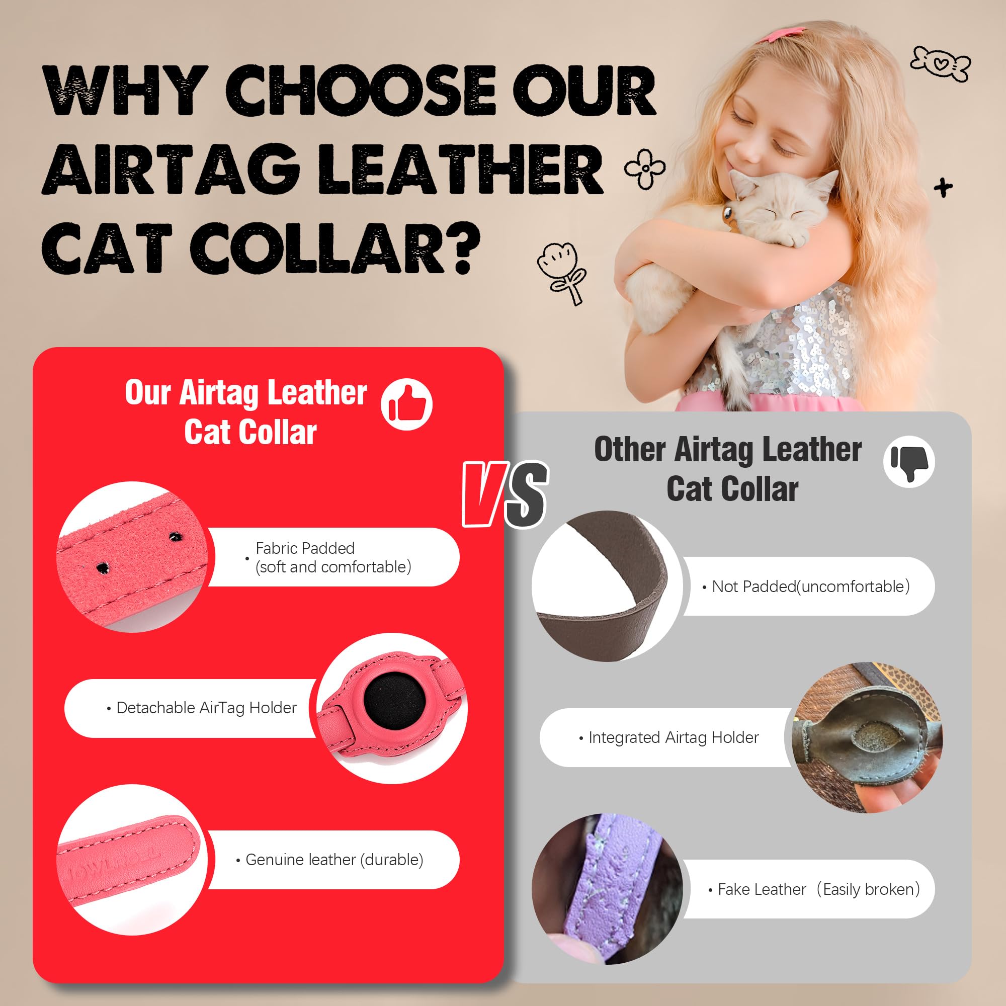 AirTag Katzenhalsband mit Glöckchen und Stofffutter, Haustierhalsband, Leder, nicht abreißbar, mit AirTag-Halter, GPS-Katzenhalsbänder für Jungen, Katzen, Mädchen, Katzen (Rosa)