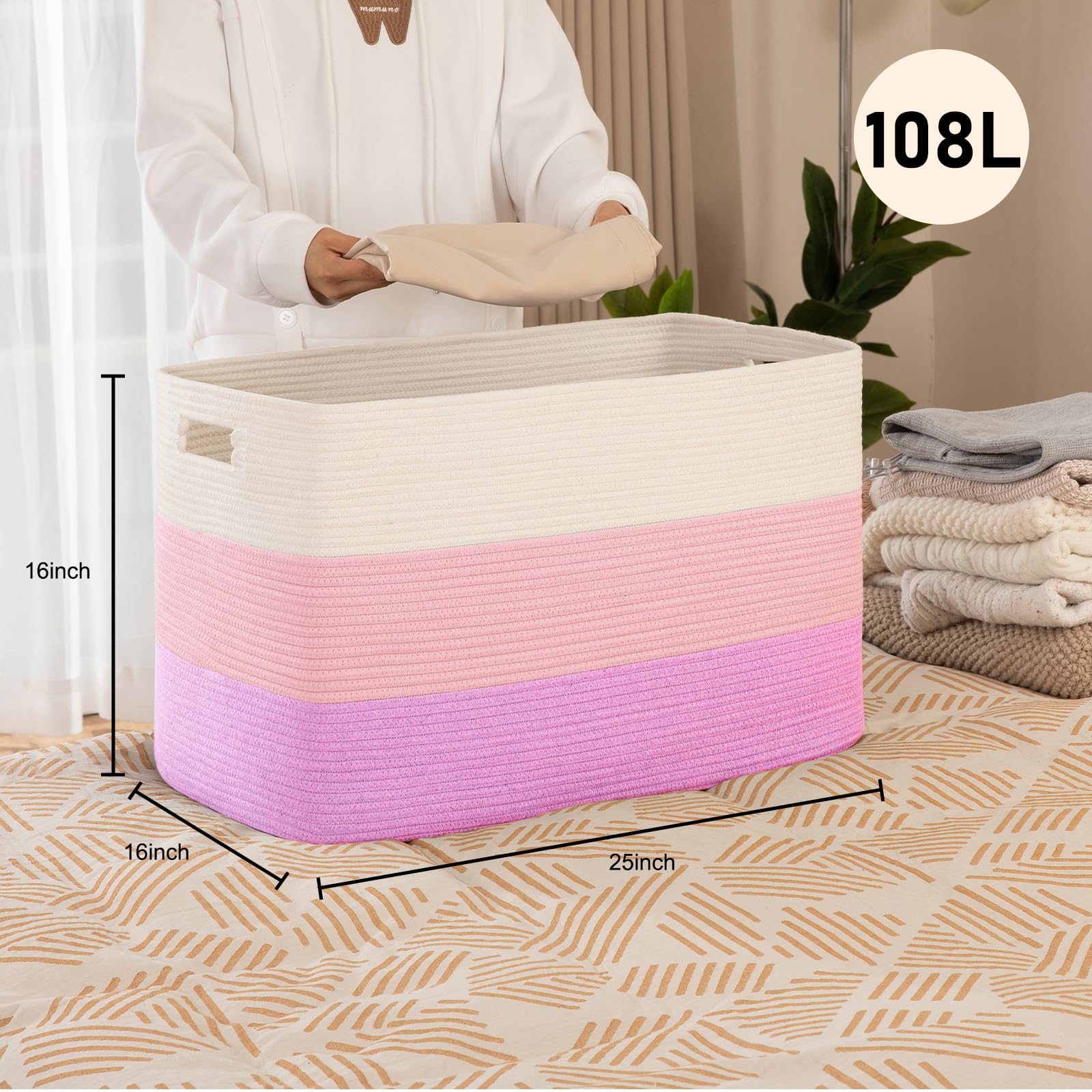 OIAHOMY 108L Super Large Blanket Basket, 25”x16”x16”(108L) Rectangle Woven Baskets for Storage, Cotton Rope Basket For Living Room, Toy Basket with Handle, Basket for Organizing- Gradient Pink