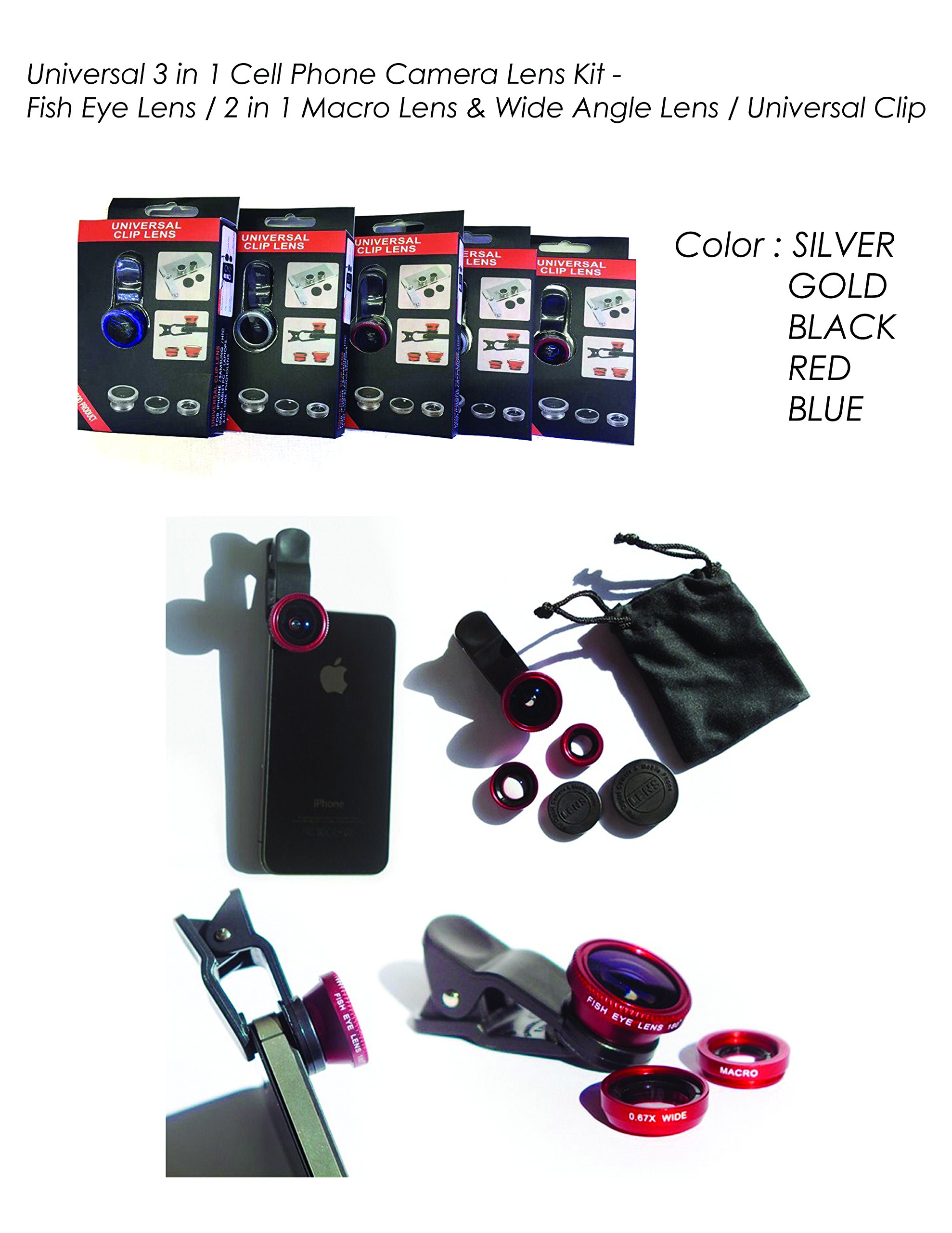 Universal 3 in 1 Camera Lens Kit for Smart Phones (iPhone,Galaxy, Motorola and More), Tablets, Ipad, and Laptops Includes Fish Eye Lens /2 in 1 Macro Lens Wide Angle Lens/Universal Clip/Carrying Bag