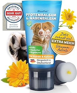 BluePet Schnelleinziehender Pfotenbalsam Hund & Katze, Gegen Trockene, Rissige Pfoten, Nasen I Hunde Pfotencreme 50 ml - Heilt, Regeneriert mit Arnika, Ringelblume & Shea I Pfotenpflege Hund product image