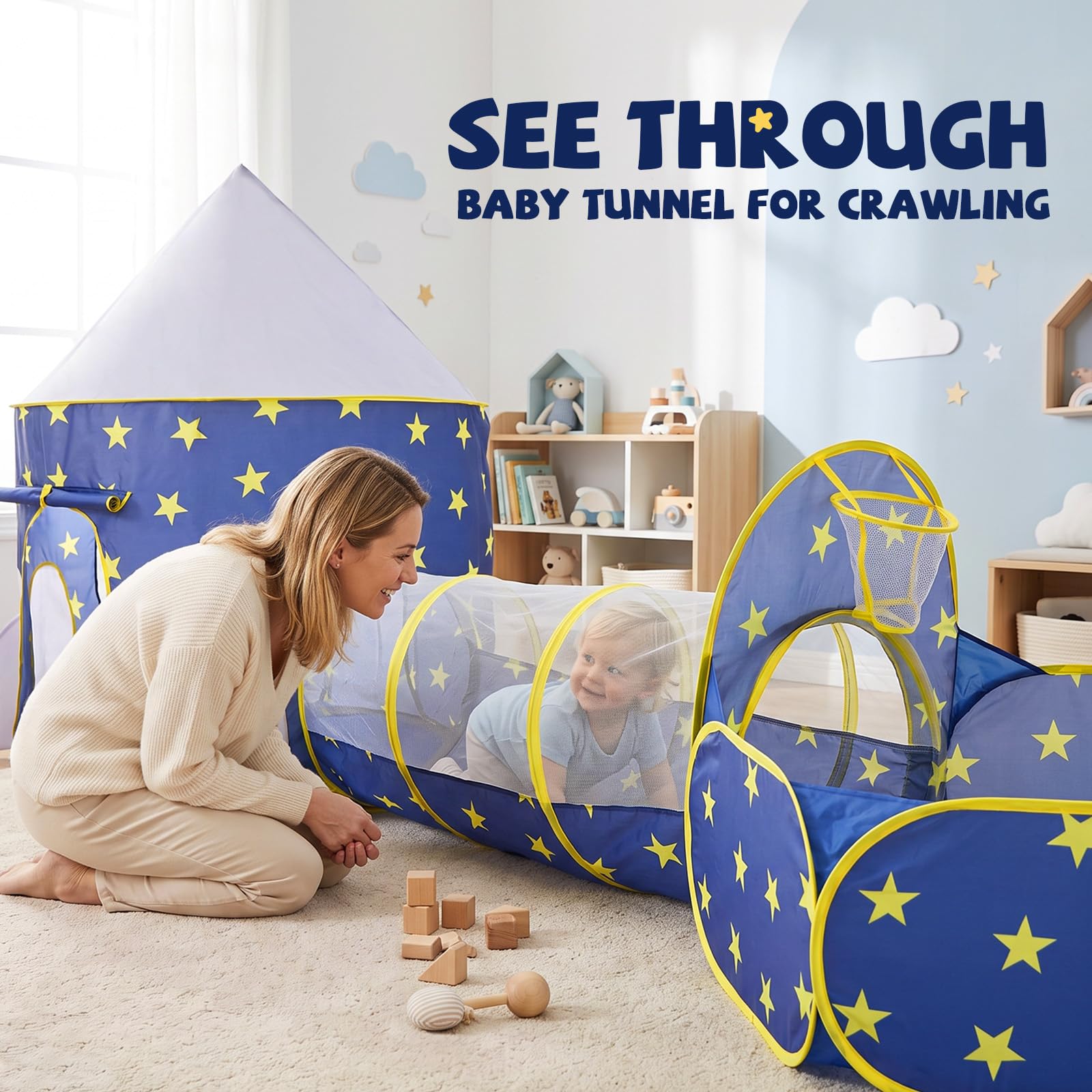 SISTICKER Tenda da gioco per bambini con tunnel: tenda a tunnel pop-up 3 in 1 con vasca per palloni per bambini, custodia inclusa (senza palline)