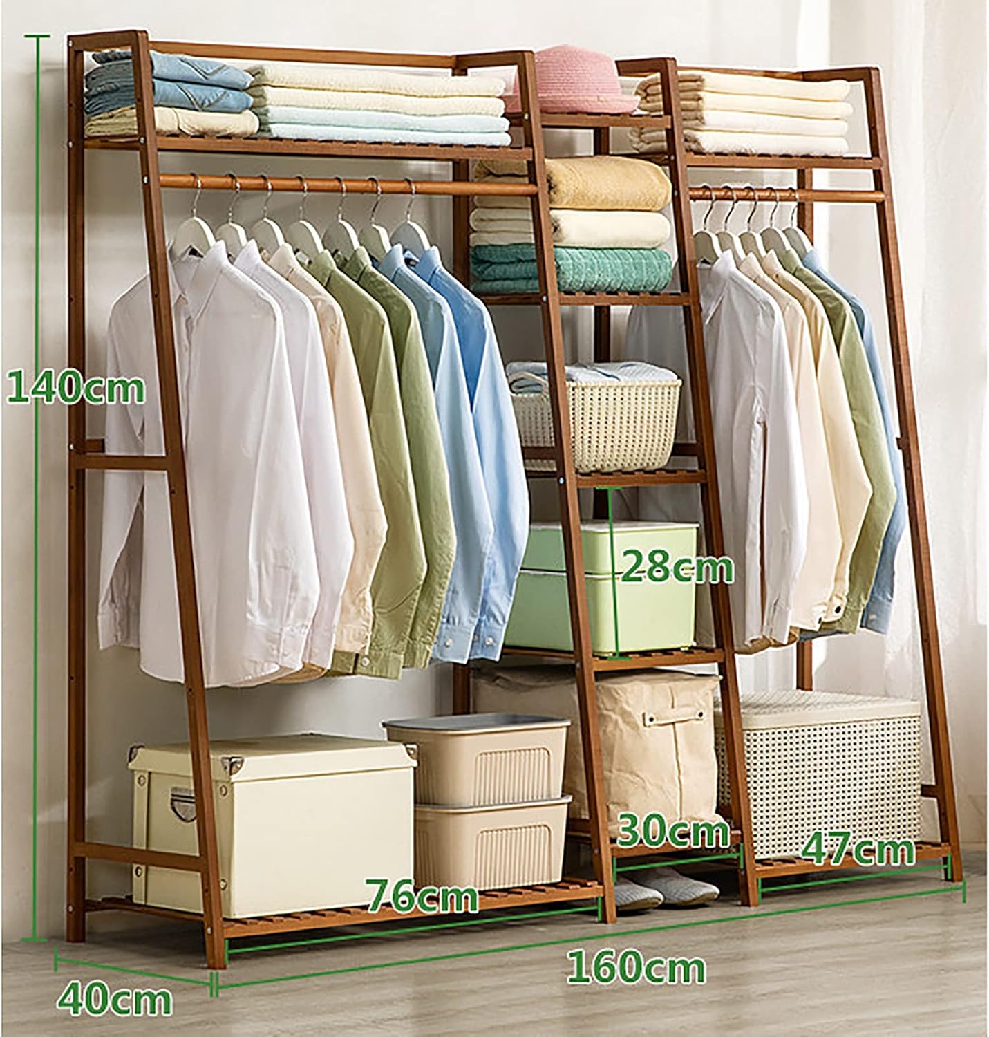 Bamboo Clothes Rack,Portable Extra Large Garment Rack,Hanging Heavy Duty Rack with top Shelf and Shoe Clothing Storage Organizer Shelves L:160cm H:140cm, Brown, 160x140cm/63x55.1in
