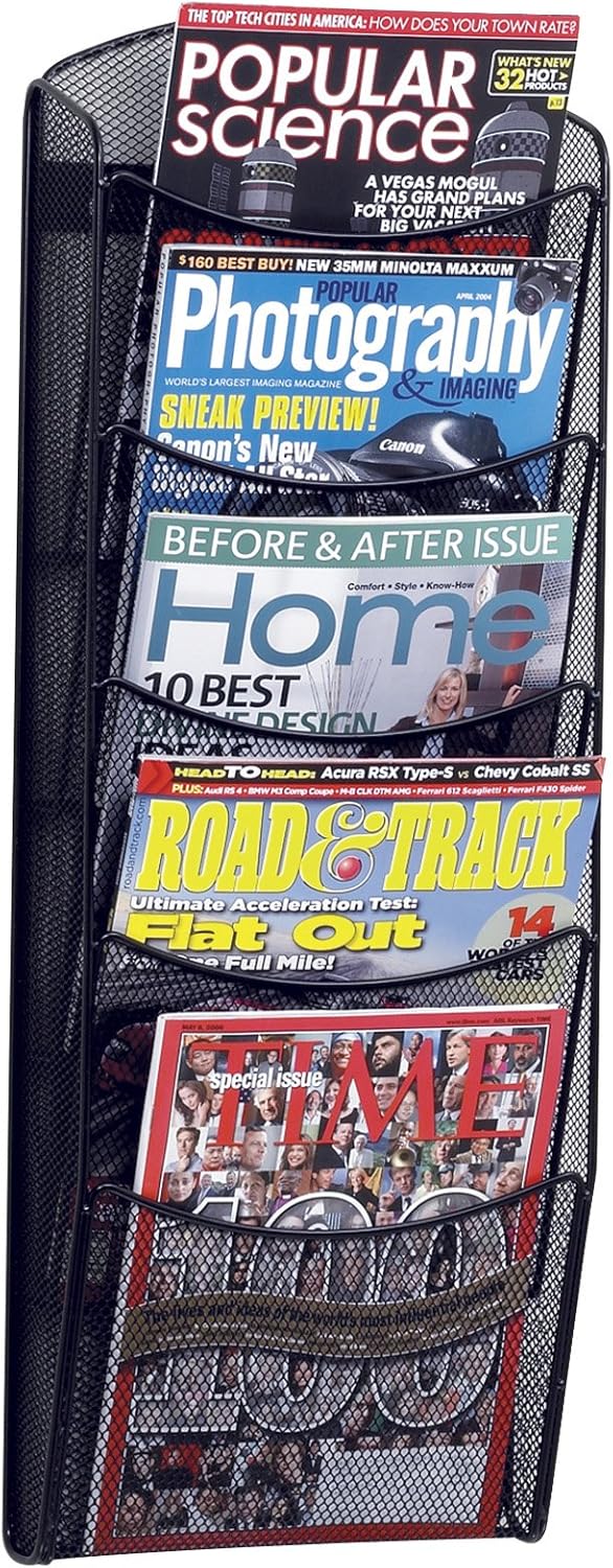Safco Onyx Mesh 5-Pocket Wall Mount Magazine Rack - Durable Black Steel Brochure Holder for Offices & Lobbies