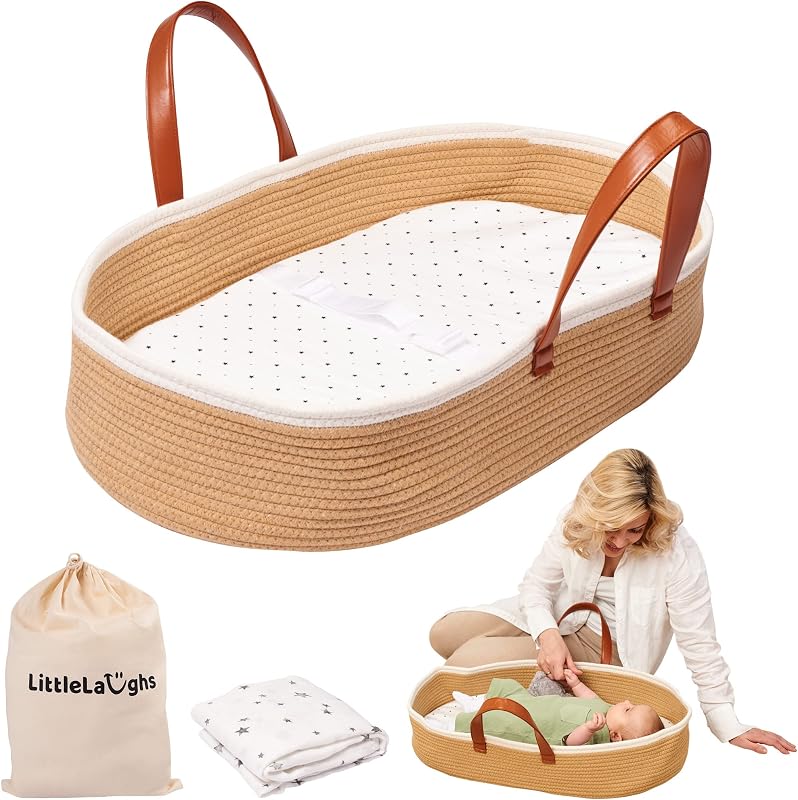 Moisés para Bebé con Manta de Muselina | Cesta cambiadora para cómoda de bebé | Cesta portátil para las necesidades de su bebé | Cesta cambiadora para bebé con almohadilla | Cesta tejida para viajes y guardería