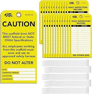 BearTOOLS Scaffold Tags Safety Inspection Kit with Cable Ties - Caution Scaffold Status Warning Sign - Laminated 3 x 6 in, Pack of 25 - Weatherproof, Tear-Resistant - Yellow Tags