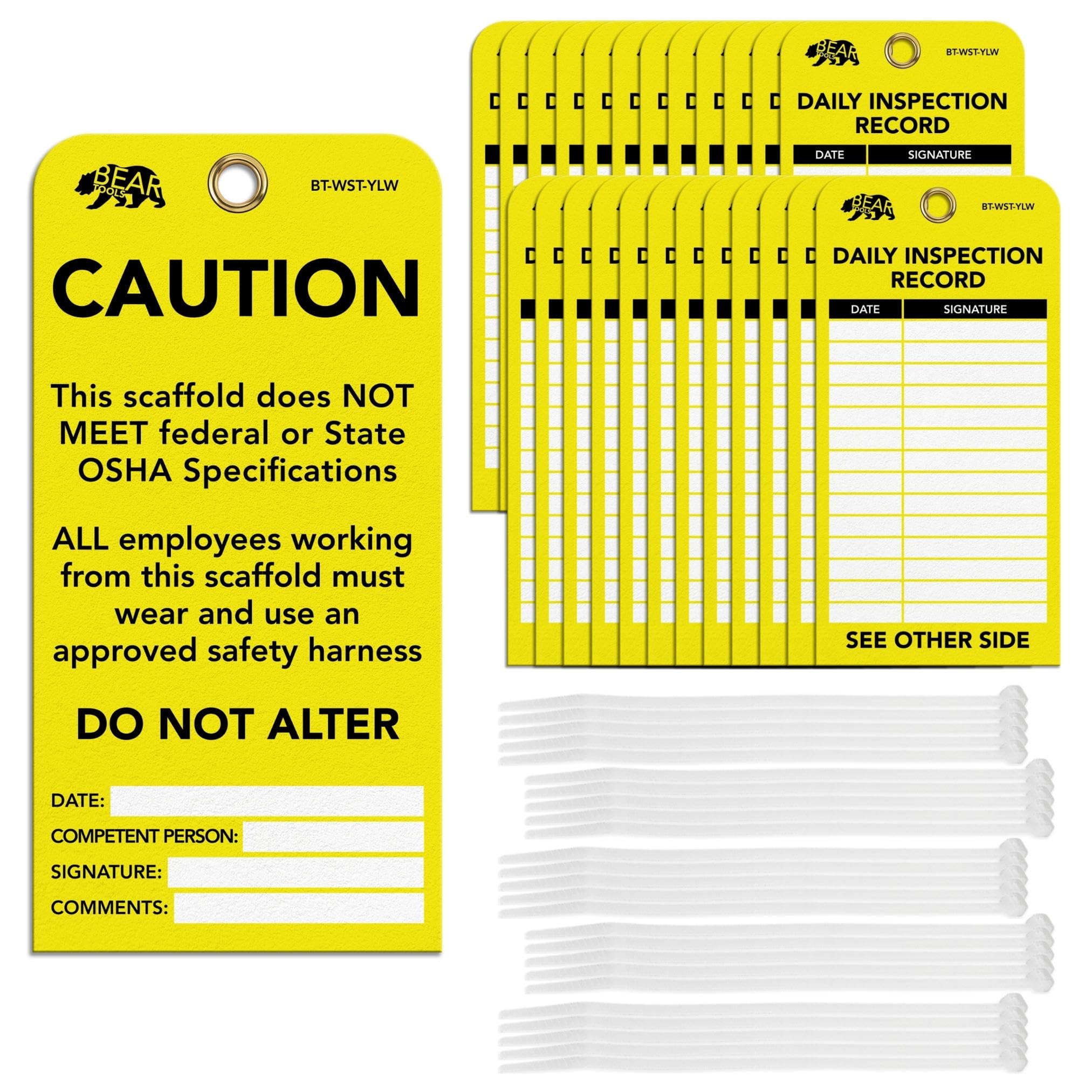 BearTOOLS Scaffold Tags - Safety Inspection Kit with Cable Ties - OK Scaffold Status Warning Sign - Laminated 3 x 6 in, Pack of 25 - Weatherproof, Tear-Resistant - Green Tags — Amazon image 8
