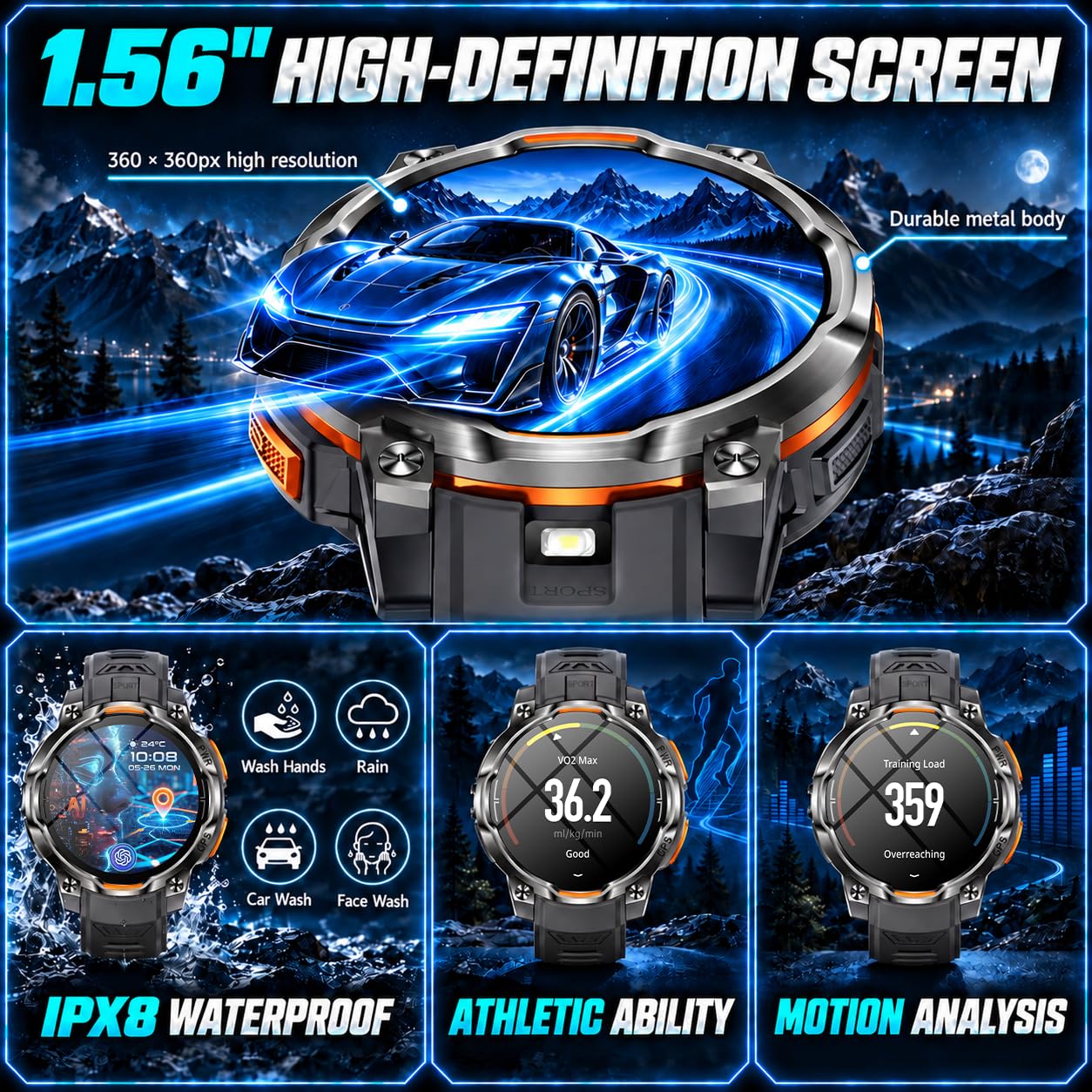 Smartwatch Herren Militär GPS Uhr: 1.56" Fitness Tracker LED Offline-Karten 6-Achsen-Schrittzähler 1200mAH 100+Sportmodi Kompass KI-GPT 24/7 Herzfrequenz/Schlafmonitor/IPX8 Wasserdicht für iOS Android