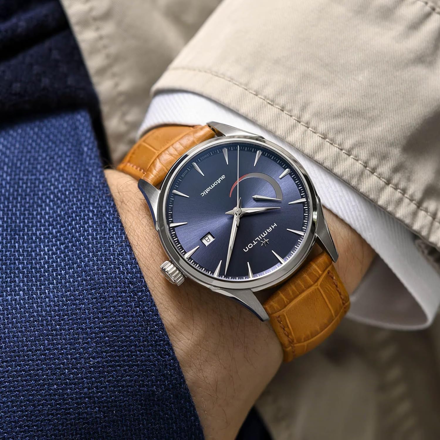 Hamilton Jazzmaster Automatic Men's Watch, 42mm Stainless Steel Case, Swiss Made, Blue Dial Analog Wrist Watch for Men, 50m Waterproof, Sapphire Crystal, Calf Leather Strap