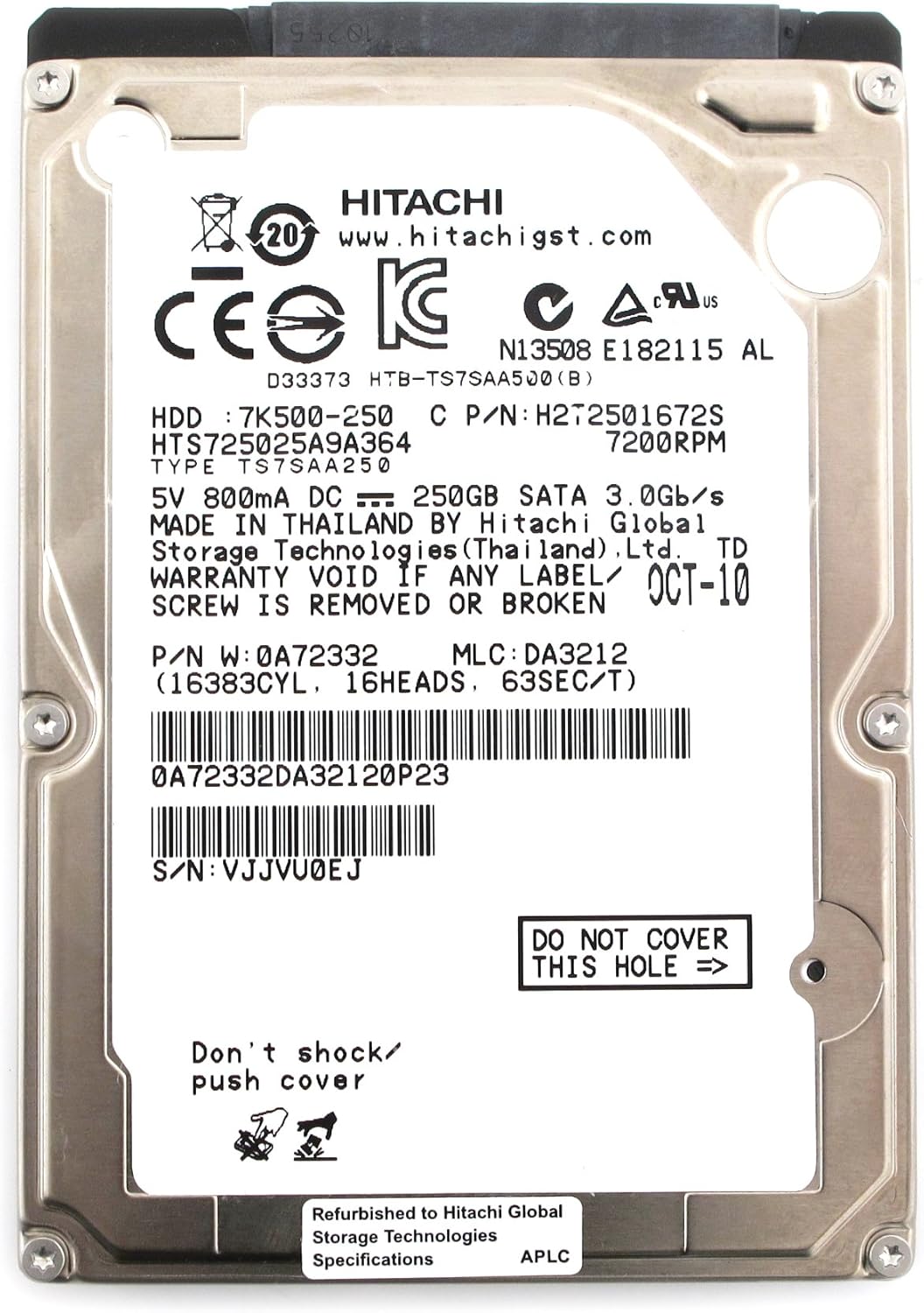 Hitachi Travelstar 250GB 7200 RPM SATA Hard Drive HDD HTS725025A9A364 7K500-250