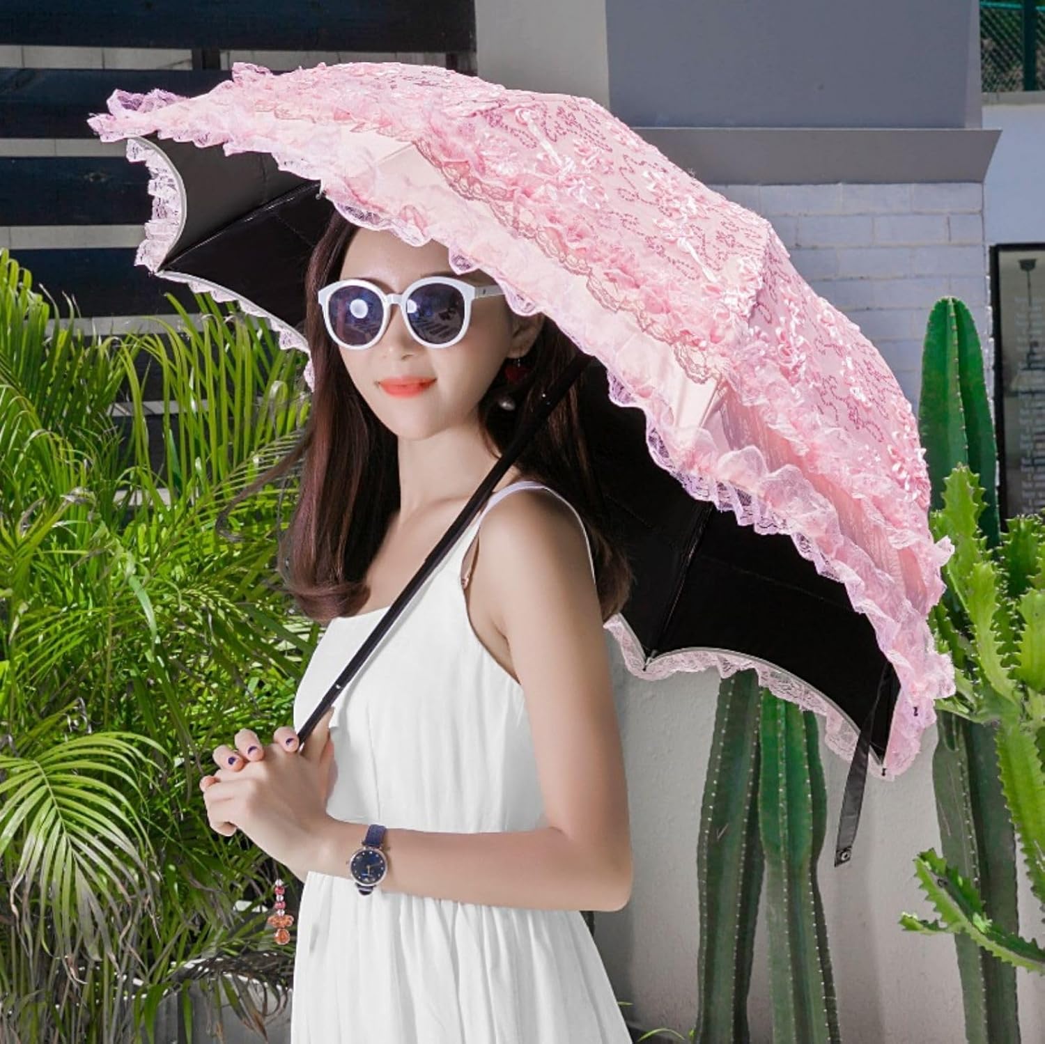 Honeystore Mushroom Umbrellas Three Folding Vintage Lace Parasol Bride Umbrella