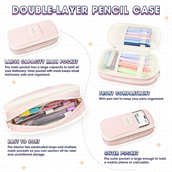 80 PCS Aesthetic Stationery Supplies with Pink Pencil Case & Notebook, 12 Pastel Highlighters, 6 Colour Pens, 5 Black Pens, 6 Mechanical Pencils, Stationery Set for School Office