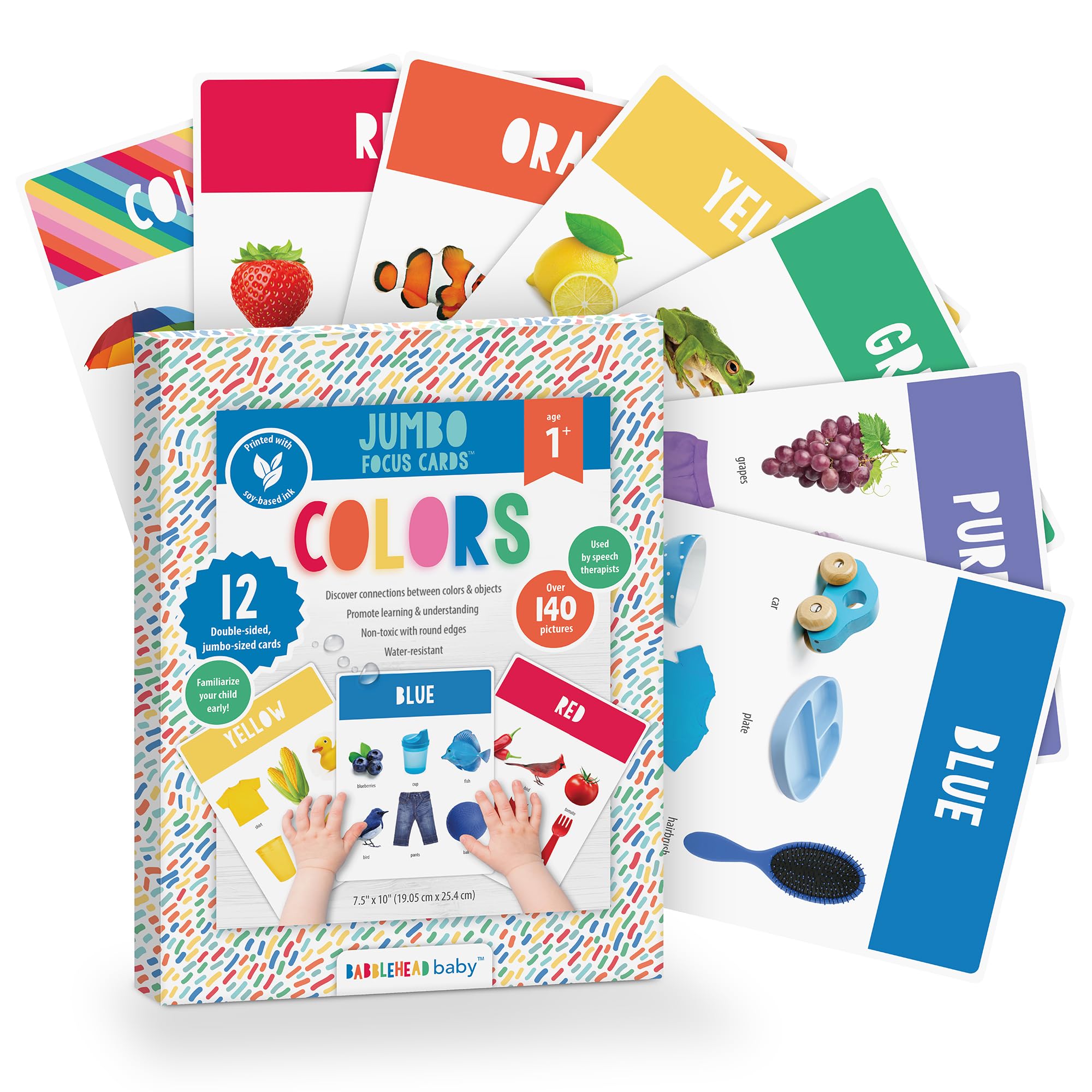 Jumbo Focus Cards™ Made in USA. 12ct Extra-Large Flash Cards - 12 Months+. Colors, Animals, Food & Objects. 7.5