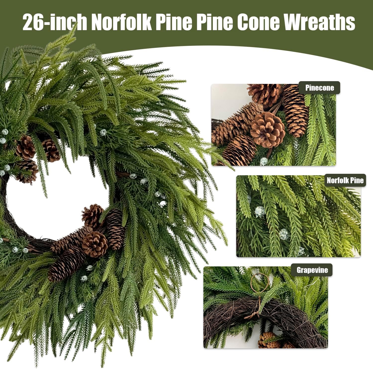 TOKCARE Norfolk Pine Wreath with Pine Cone, 26 inch Real Touch Prelit Christmas Wreaths for Front Door with 40 LED for Wall Windows Mantle Outdoor Christmas Decoration - Image 5
