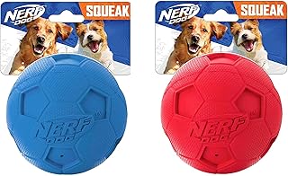 Nerf Dog Soccer Ball Dog Toy with Interactive Squeaker, Lightweight, Durable and Water Resistant, 2.5 Inches, For Medium/Large Breeds, Two Pack, Blue and Red