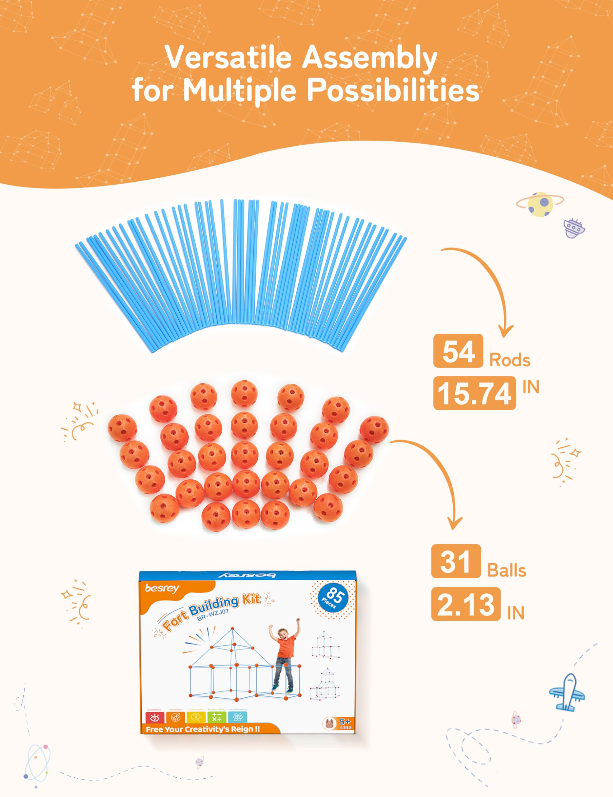 besrey Kit de Construction de Cabane Enfant Jouets de Construction de Fort pour Garçon et Fille, Châteaux, Tente Enfant, Tunnel de Jeu 85 Pcs