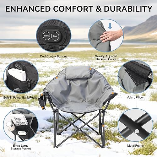 Miniatura 5 de Silla de campamento con calefacción de gran tamaño, silla plegable con calefacción para el respaldo y el asiento, soporte resistente de 400 libras,