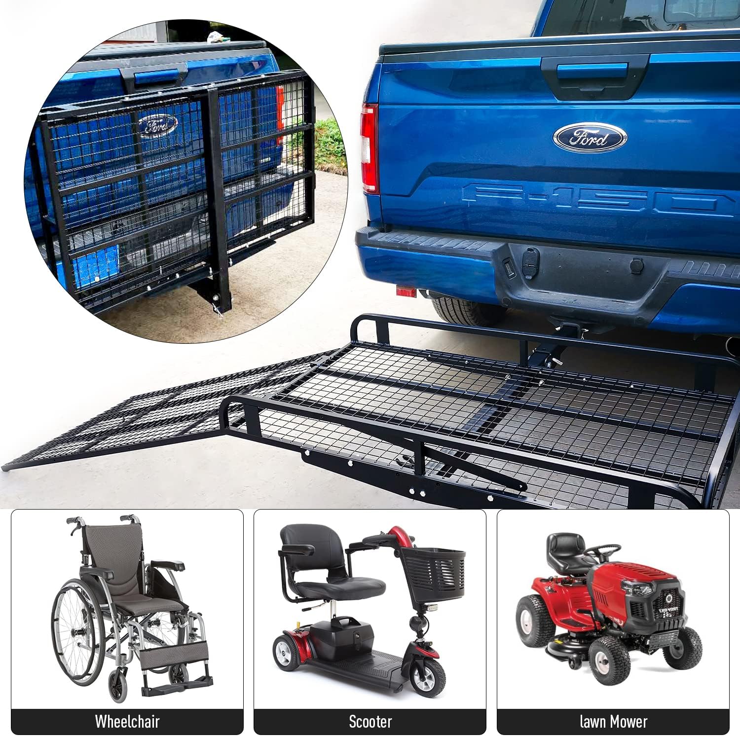 Hitch Mount Steel Cargo Carrier Basket with 49'' Folding Wheelchair Ramp, Fits 2'' Trailer Mounted Hitches