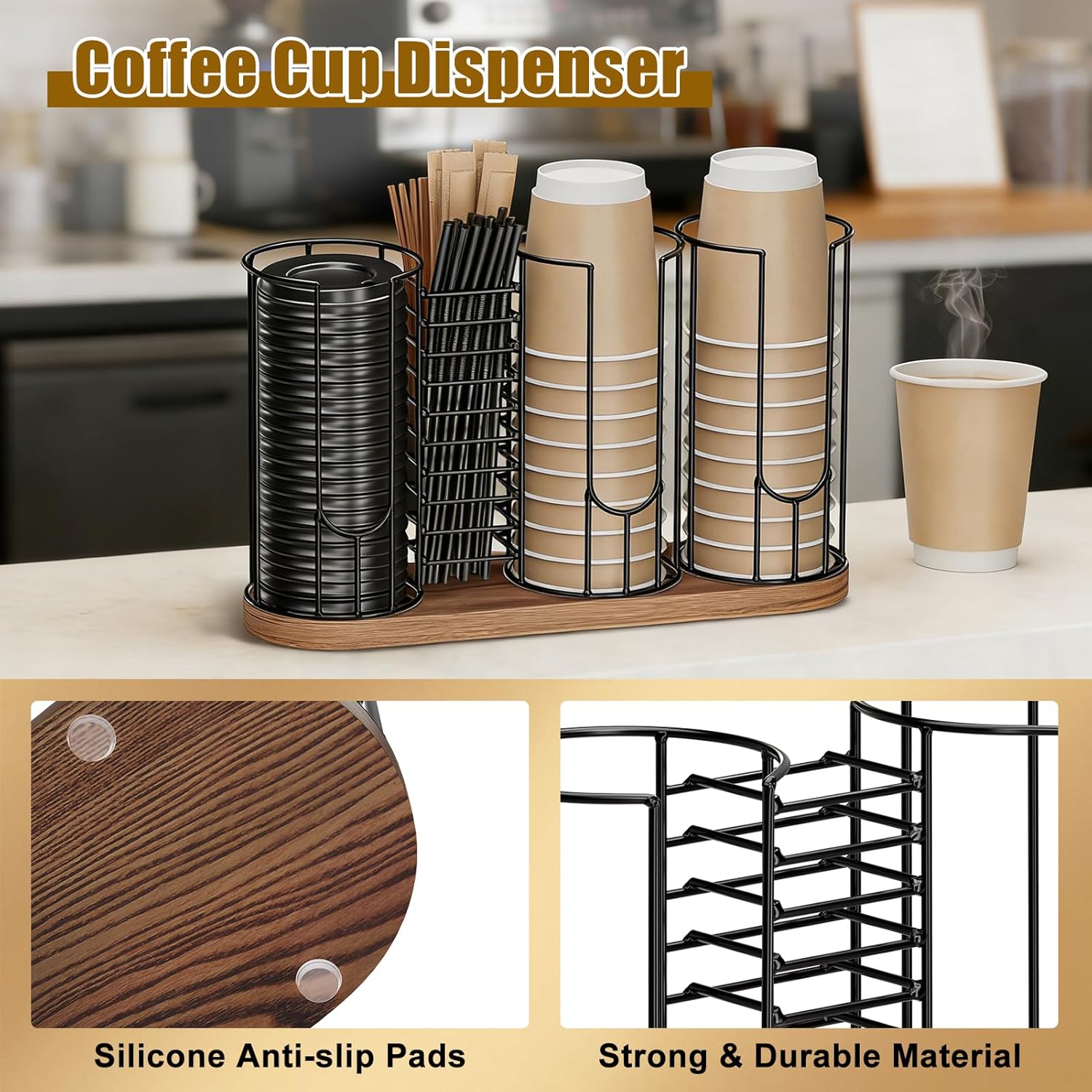 Coffee Cup Dispenser Rack with Wood Base, 18oz Cup Holder Organizer for Storing Paper Cups, Straws, Lids and Disposable Tableware(4-compartment) - Image 3