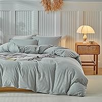 Vista 17 de DuShow Juego de funda de edredón de microfibra lavada a cuadros azul polvoriento, juego de funda de edredón de 3 piezas reversible suave