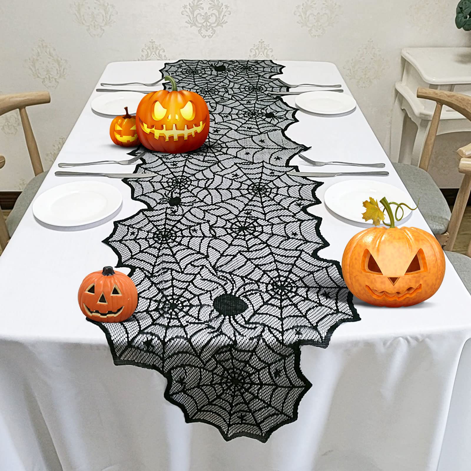 Halloween Table Runner - Black Lace Spider Web Table Runners for Halloween Kitchen Decor,Vivid Polyester Spider Web Tablecloth for Thanksgiving Christmas Party Dinner Table Decoration 18 X 72 Inch