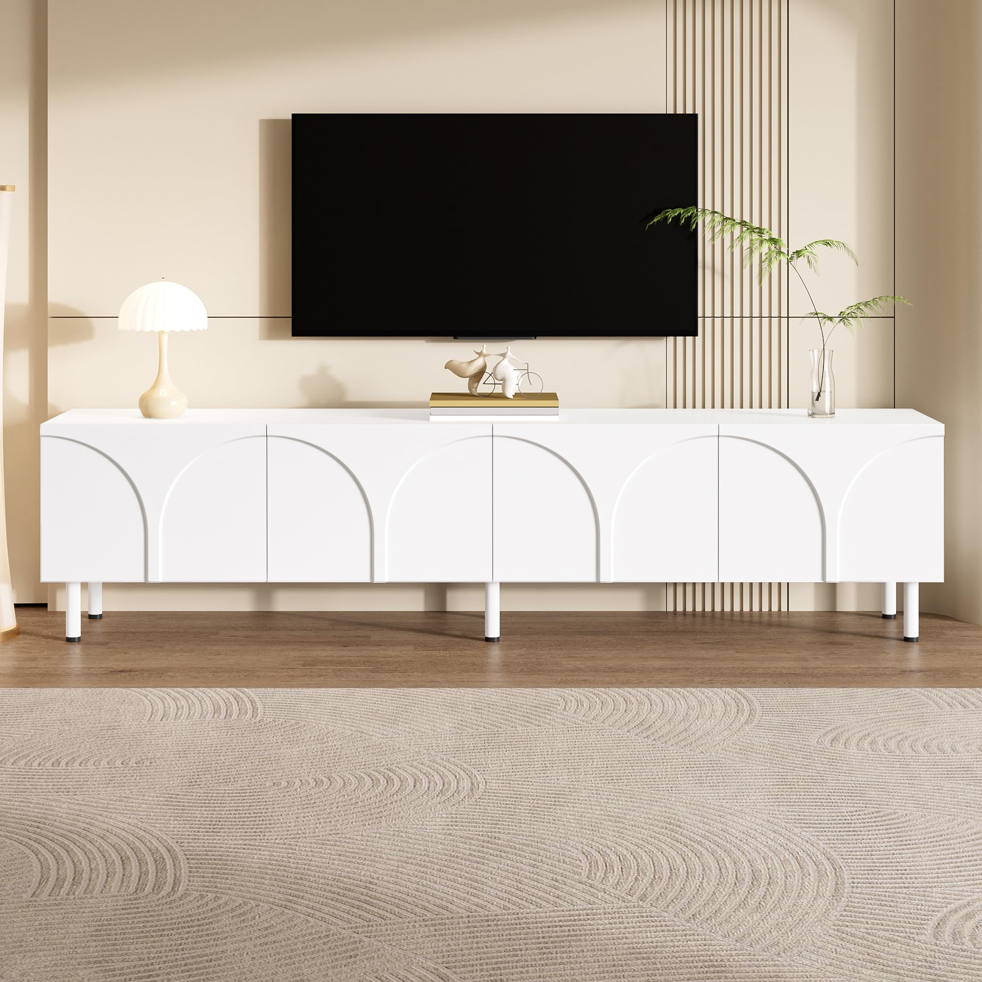 Merax White TV Stand, 180 cm TV Unit with 4 Doors, 3D Curved Line Design, 2 Separate Storage Compartments, Metal Legs, Modern Lowboard for Living Room, 180 x 35 x 49 cm — image 1