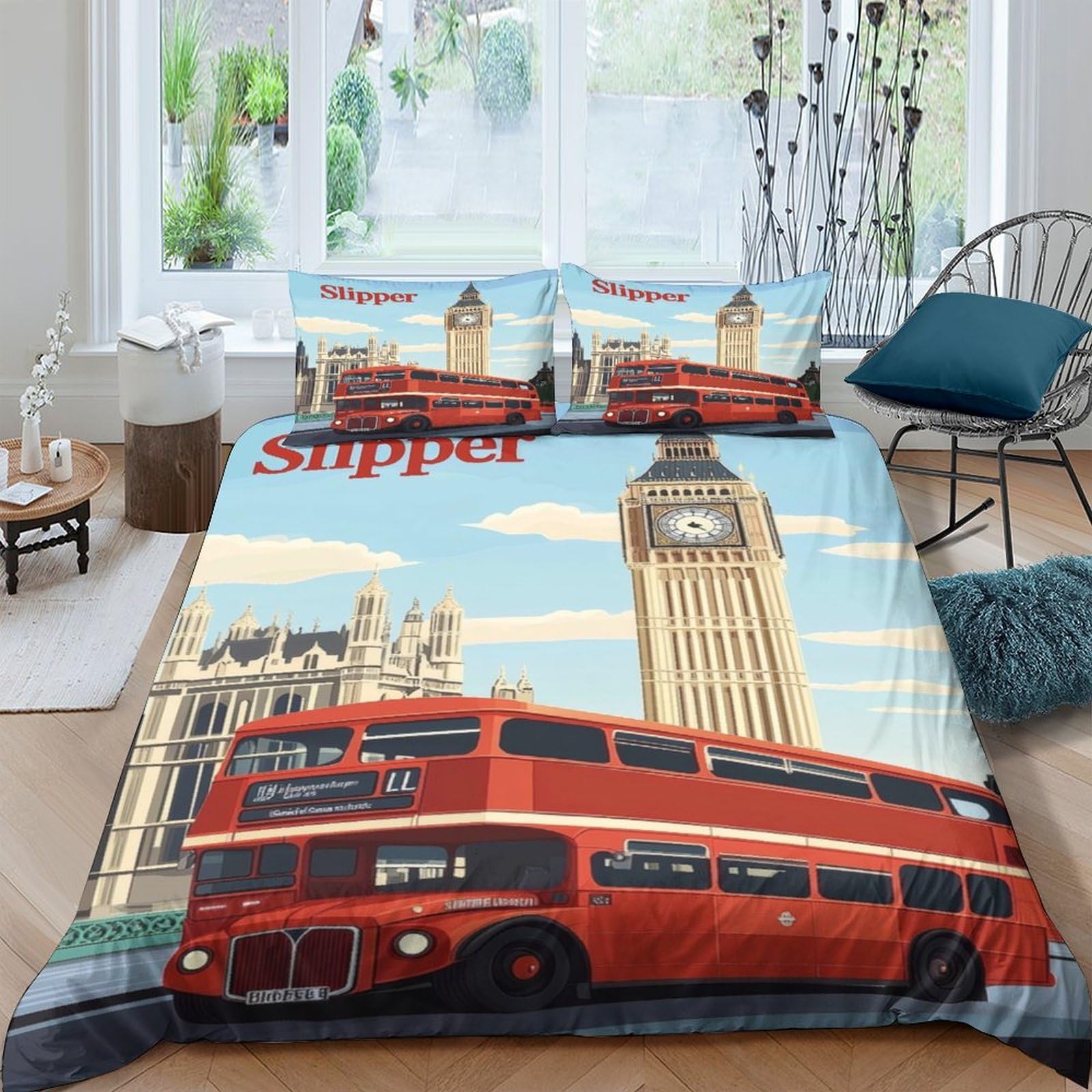 Ctjqhvkz Style-4 3D Printed London Bus Fitted Sheet Microfiber Soft Red Big Ben Bed Cover For Bedroom Guest Room Dorm Decor Single（135X200cm）