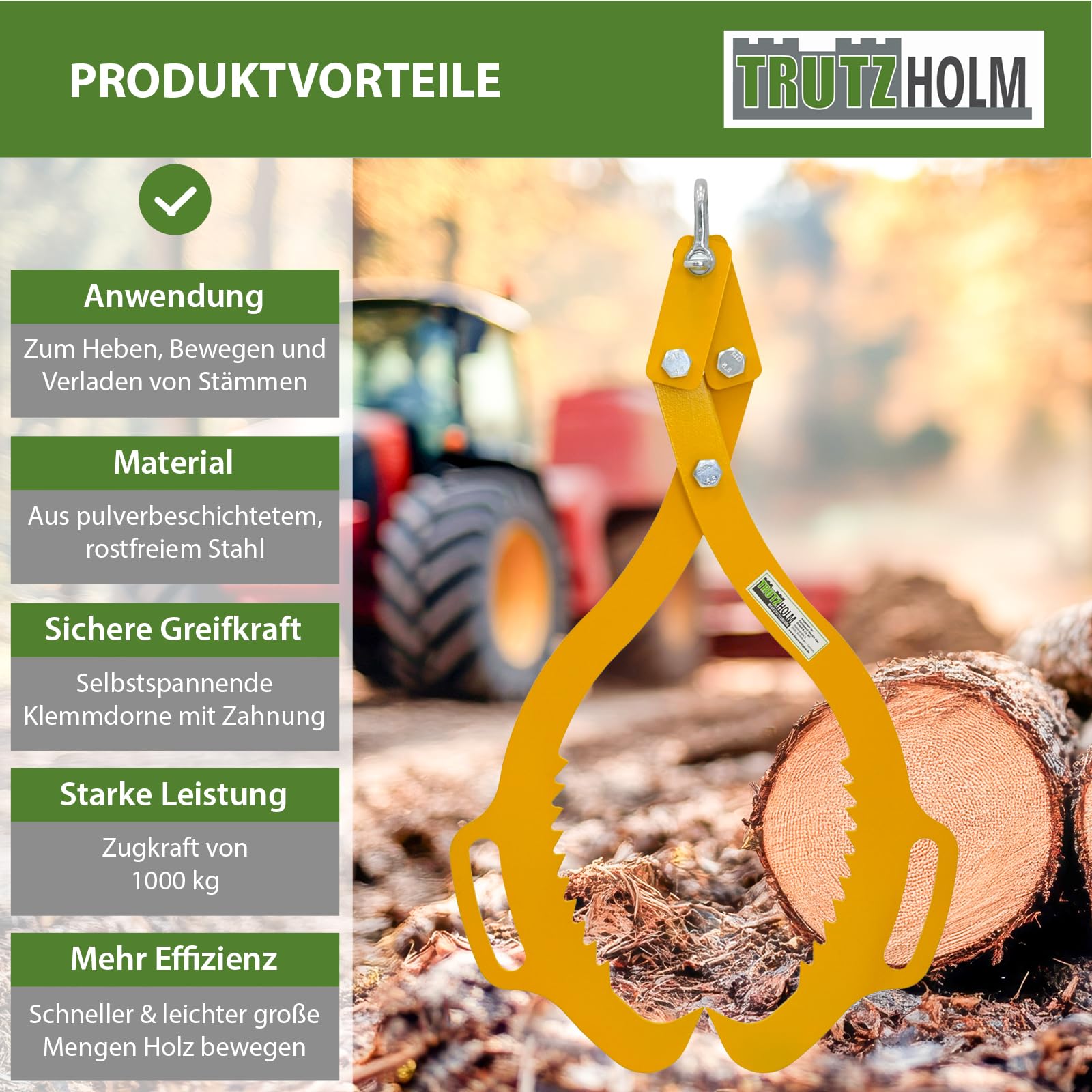TRUTZHOLM Forstzange für Baumstämme Hebezange mit 2 Klemmdornen Verladezange Holzzange Rückezange zum Heben, Bewegen und Verladen von Holz in RAL 1003 Signalgelb (1000 kg)