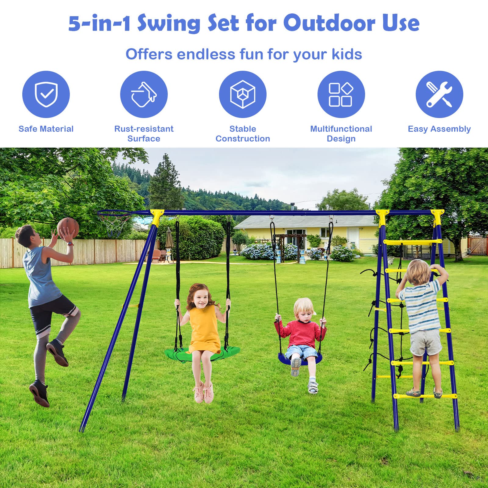 Maxmass Kids Swing Set, 5in1 Metal Outdoor Swing Frame with Saucer Swing, Plastic Swing