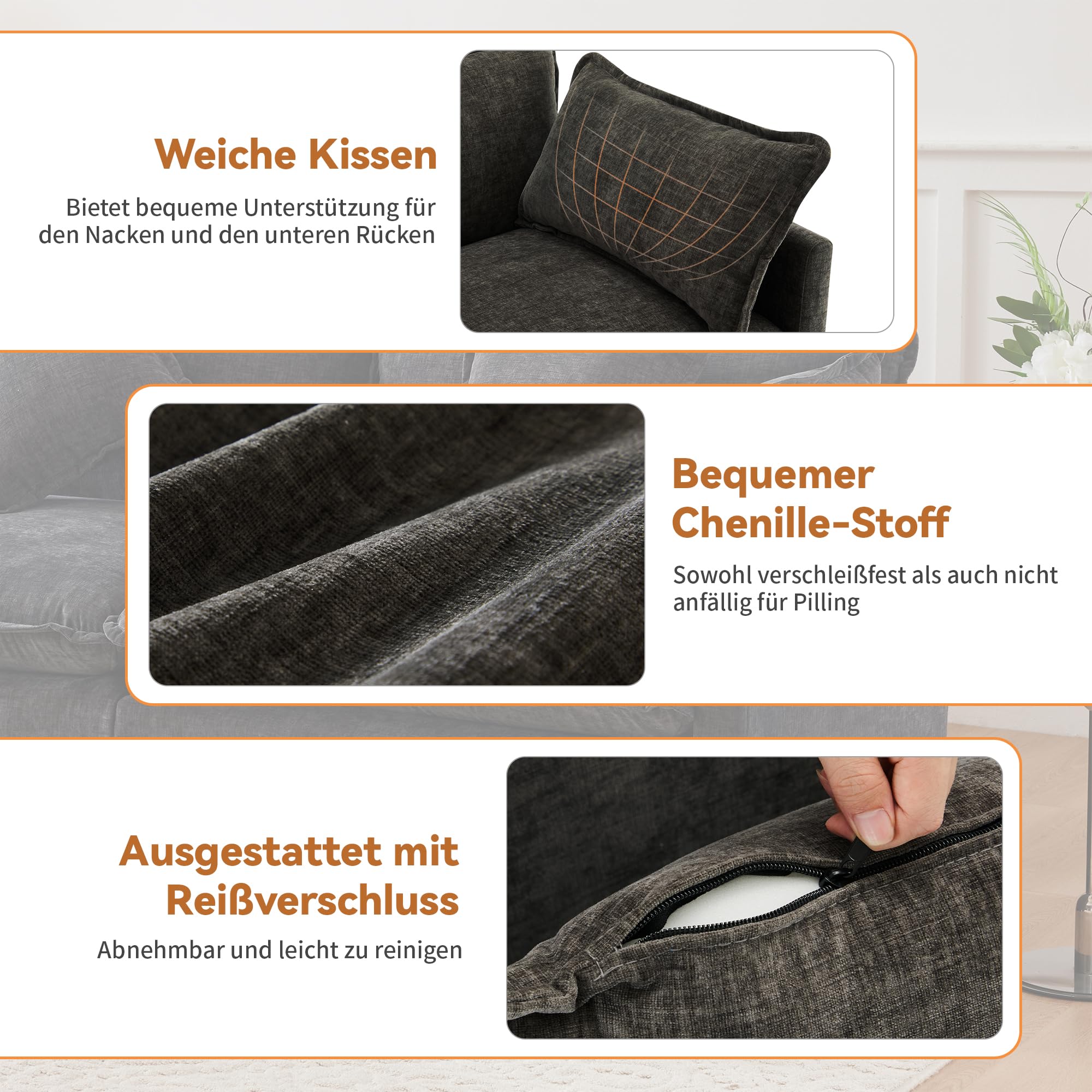 DHHU Canapé d'angle modulable surdimensionné de 283 cm avec Pouf Amovible,surdimensionné canapés 4 Places en Chenille, Canape d Angle canapé Convertible en L, canapé Nuage pour Salon, Gris