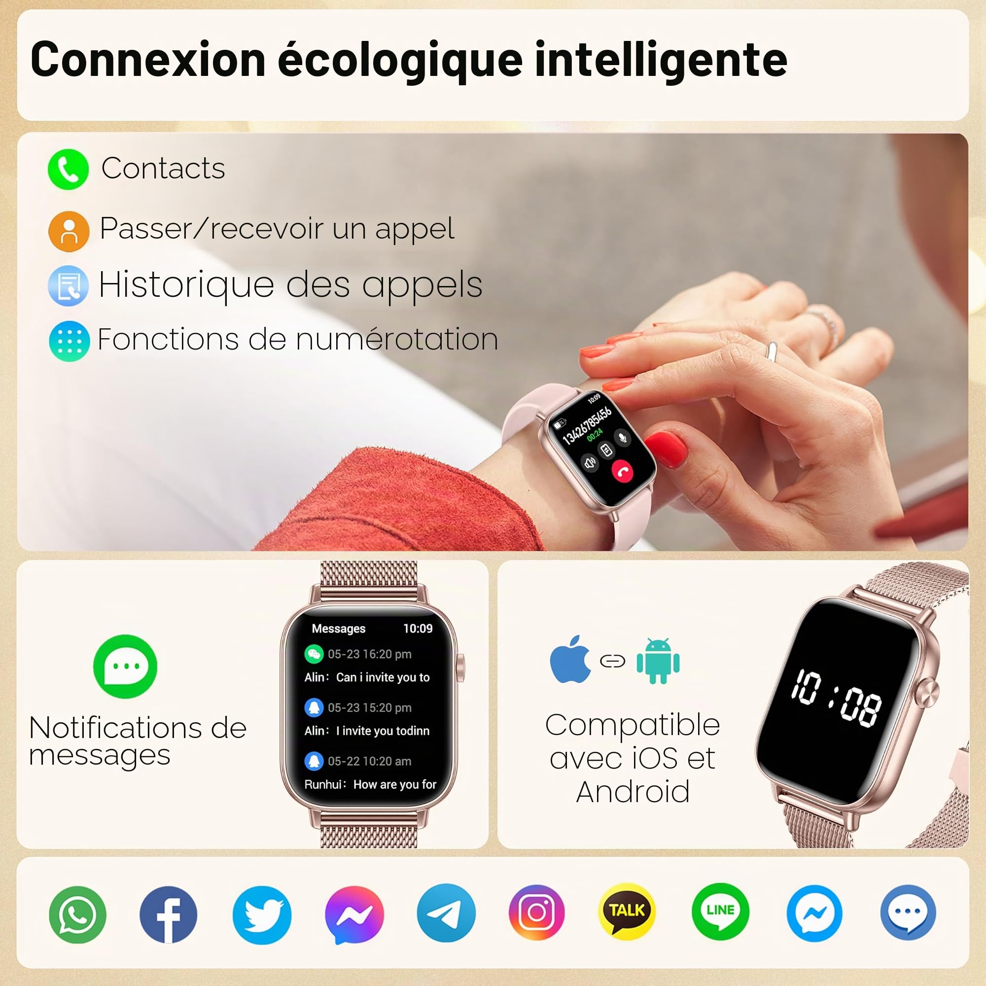 Montre Connectée Femme 3 Bracelets 1.83" HD Fitness Tracker Smartwatch avec Appels Bluetooth/Surveillance Cardio/SPO₂/Sommeil/Podomètre, 120 modes sportifs IP68 Étanche pour iOS Android, Or Rose