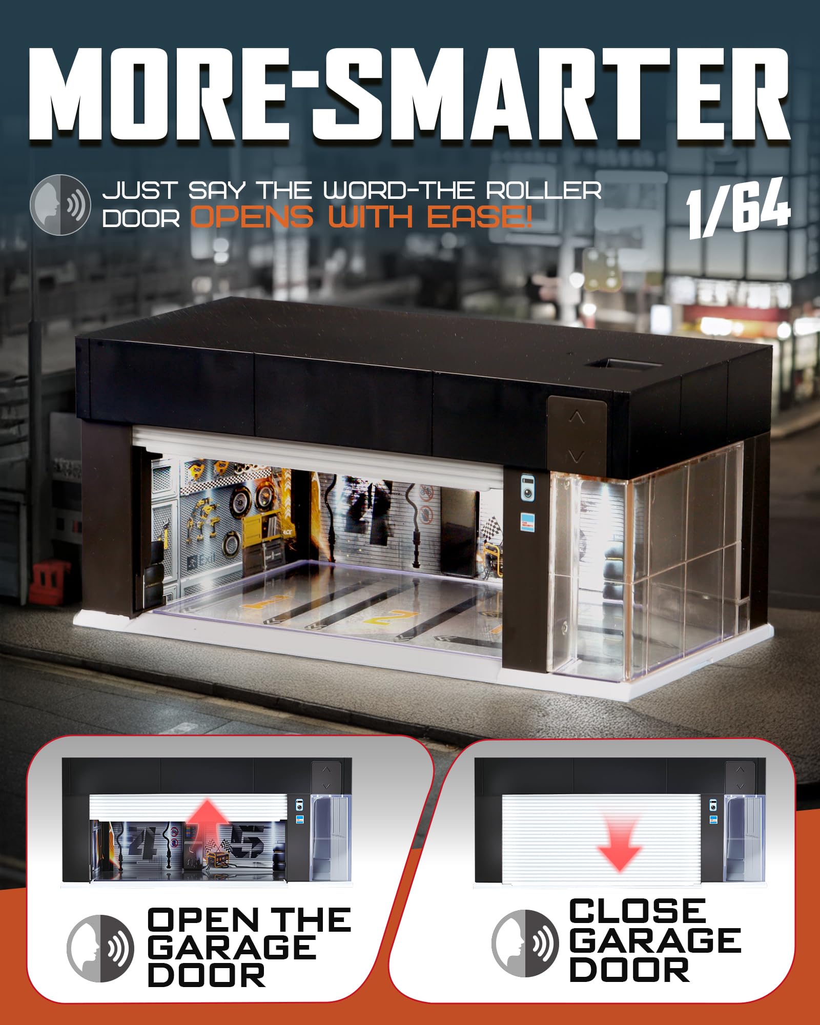 1/64 Garage pour Hot Wheels Stockage, Empilable Vitrine électrique avec Commande Vocale Lumière LED, 3D Scènes 3 Remplaçables Parking Diorama pour Voiture Diecast (Noir)