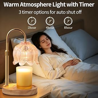 Flower Candle Warmer Lamp with Timer, Birthday Gifts for Women | Dimmable wax melt warmer for scented jar and 3-wick candles, 2 bulbs, adjustable height, home decor and housewarming gifts