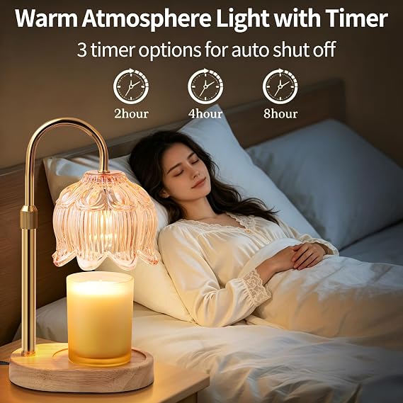 Flower Candle Warmer Lamp with Timer, Birthday Gifts for Women | Dimmable wax melt warmer for scented jar and 3-wick candles, 2 bulbs, adjustable height, home decor and housewarming gifts