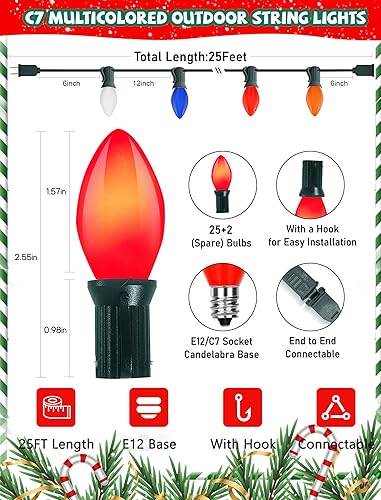 Miniatura 2 de Guirnalda de luces para exteriores de 25 pies, luces verdes con 25 bombillas y 2 de repuesto, bombillas incandescentes C7 de 5 W, coloridas al horno