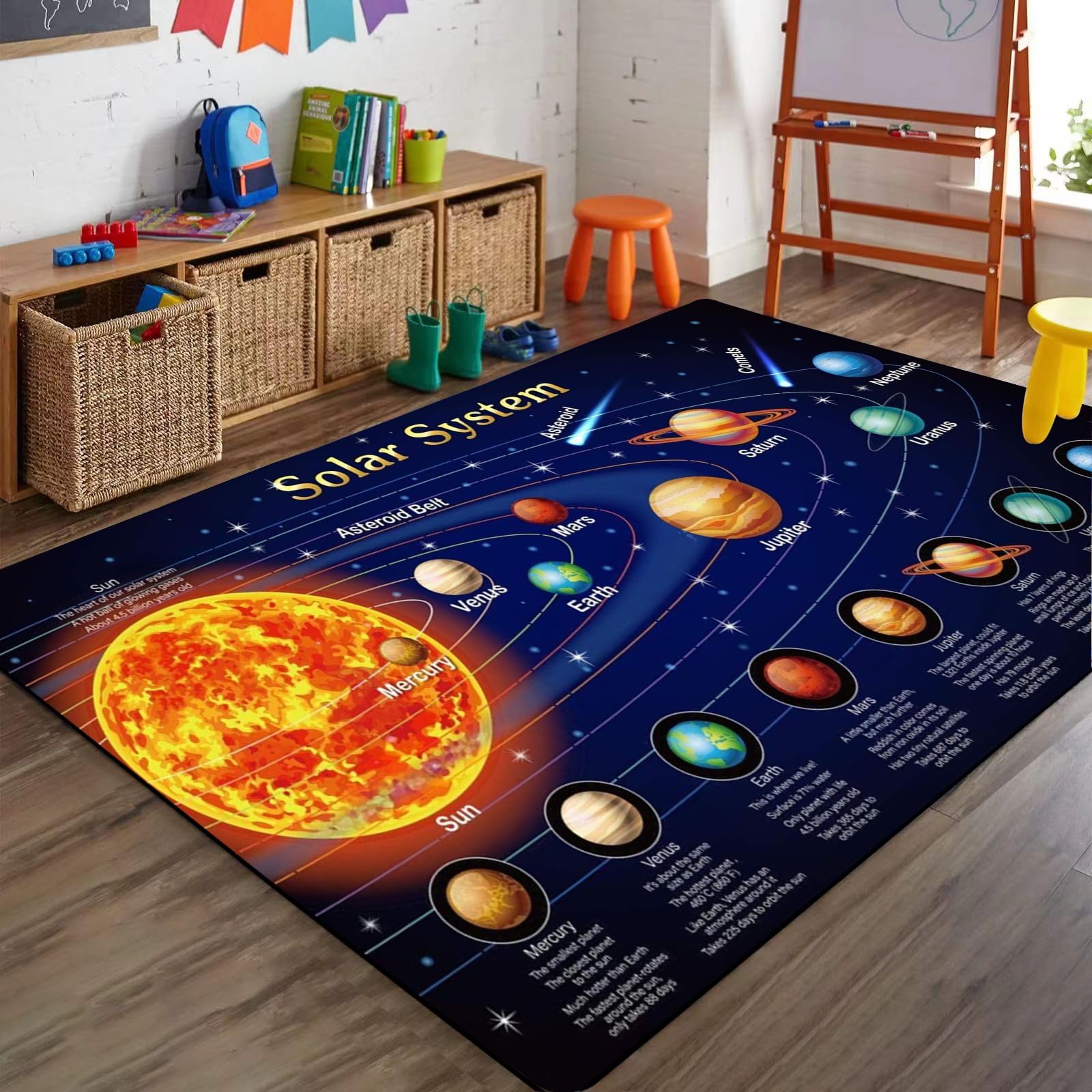 Bycmuoz Dark Blue Solar System Rug for Bedroom, 180x260cm, Sun Earth Moon Planets Floor Carpet, Universe Education Ultra Soft Children's Rugs, Fade Resistant Anti-Skid Mat for Entryway Dorm