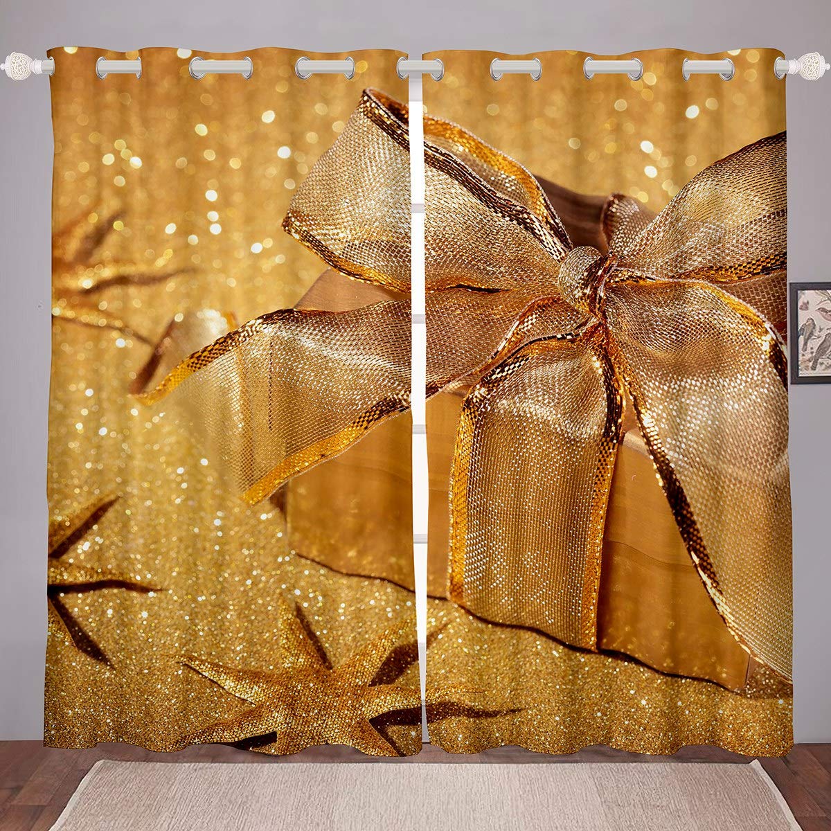 Loussiesd Christmas Theme Window Curtain Panels for Girls Boys Children Xmas Gift Window Drapes Decorative Luxury Golden Blackout Drapes Boho Star Curtains W66*L90 2 Panel Set