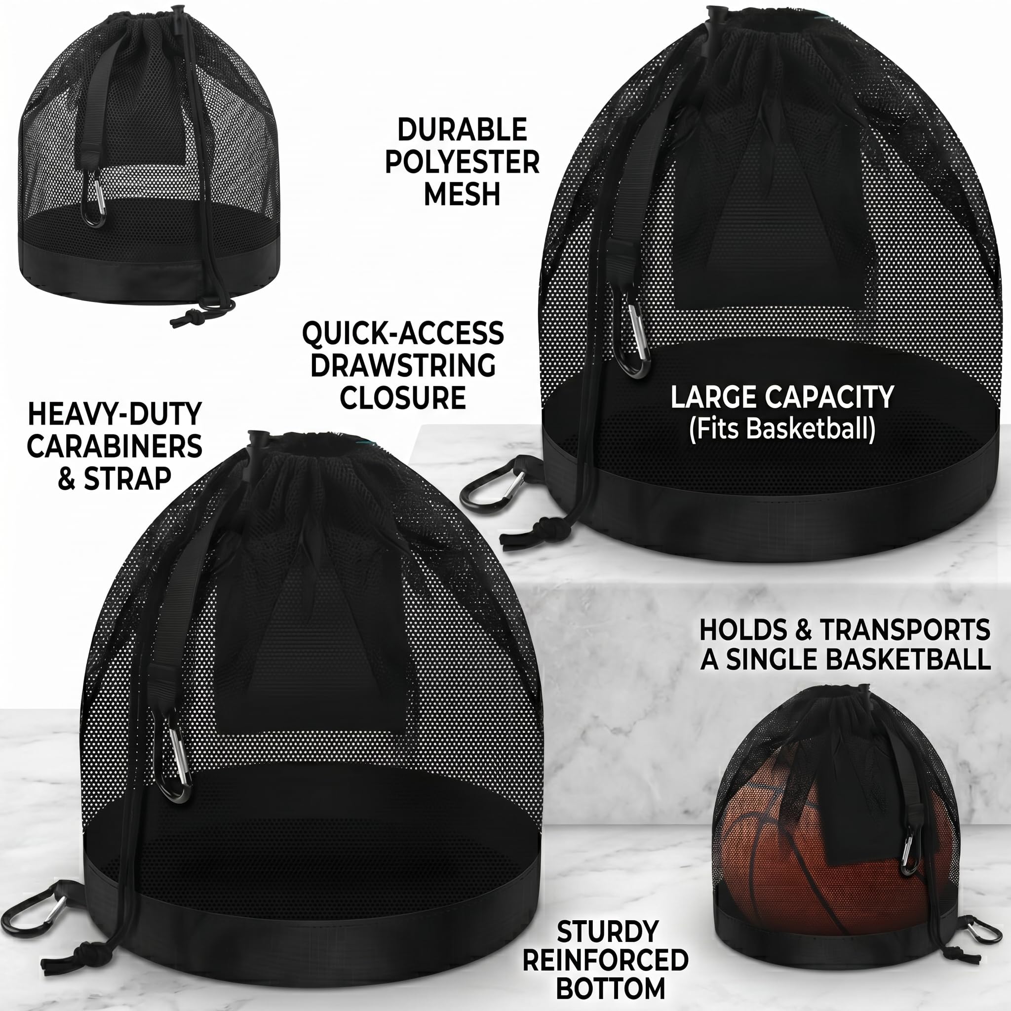 Borsa Porta palloni Zaino Rete Sportiva 2 Pezzi Grande capacità Nero per Basket Calcio pallavolo Tennis con Gancio Portatile Resistente per Palestra Allenamento Viaggio
