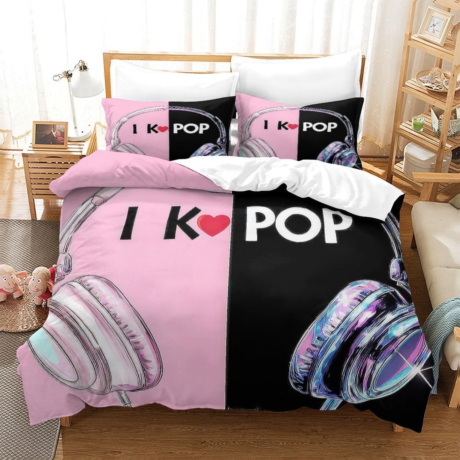 Funda Nórdica 3D Impresa K-Pop Música Microfibra Decoración Dormitorio Juego de Ropa de Cama Auriculares Jóvenes Adultos Super King（260x220cm）