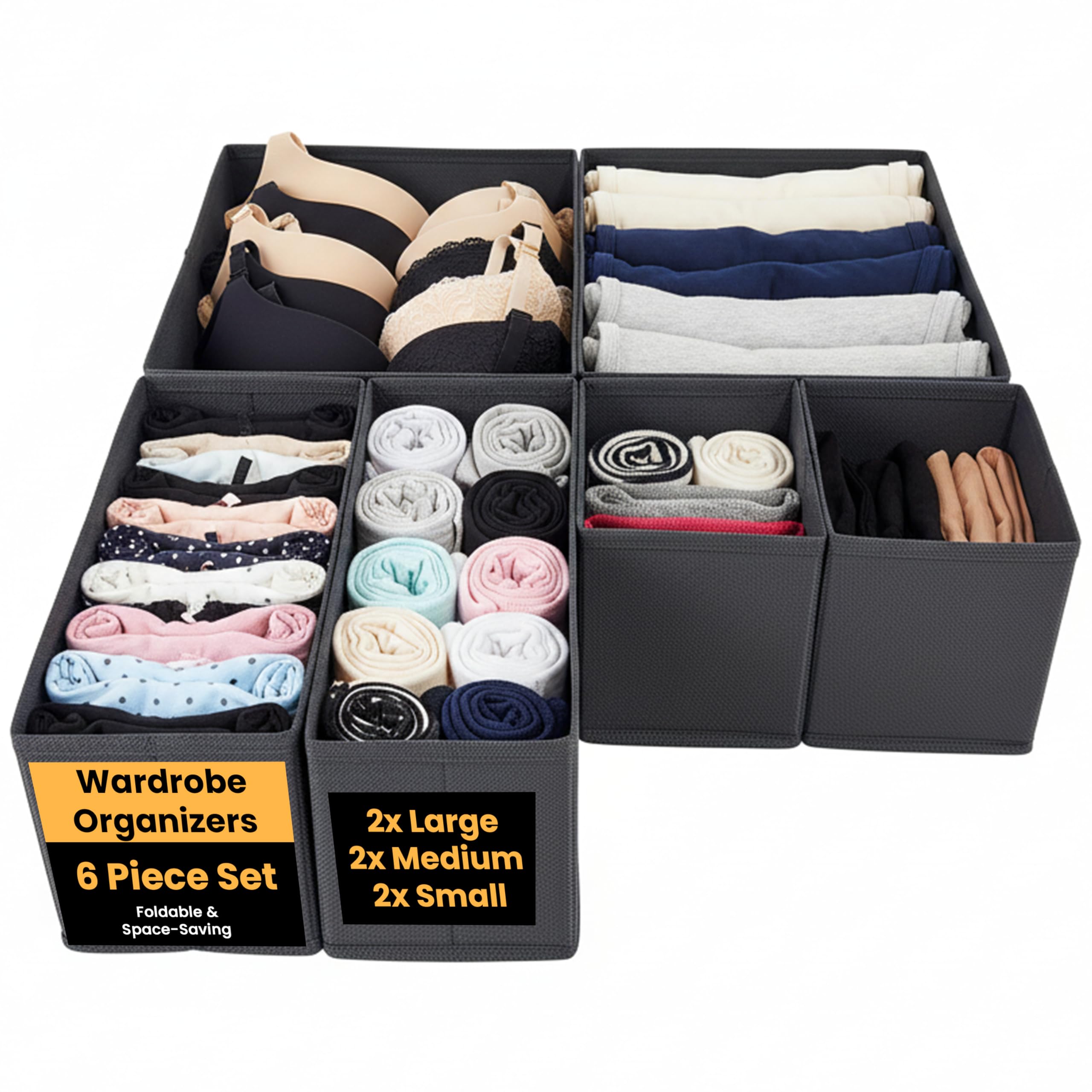 Lkh Home Collection Lkh Clothes Drawer Organiser Set Of 6 - Non-Woven Foldable Wardrobe Storage Boxes For Clothes, Underwear, Bras & Accessories - 6 Pieces