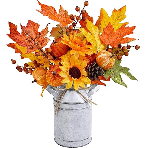 Winlyn 15" Farmhouse Fall Floral Arrangement in Vintage Galvanized Milk