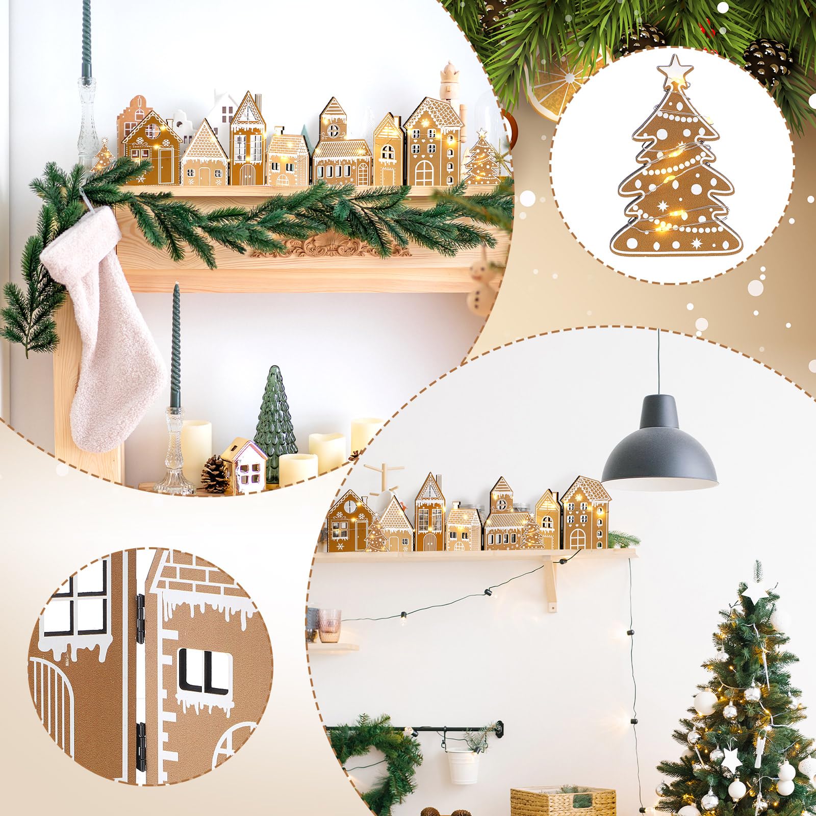 Retisee 1 lot de décorations de Noël en pain d'épices pliable avec lumière LED et 2 arbres de Noël, village de Noël, décoration d'intérieur, cadeau pour fête, 20 x 15 x 7 cm (pain d'épices, jaune)