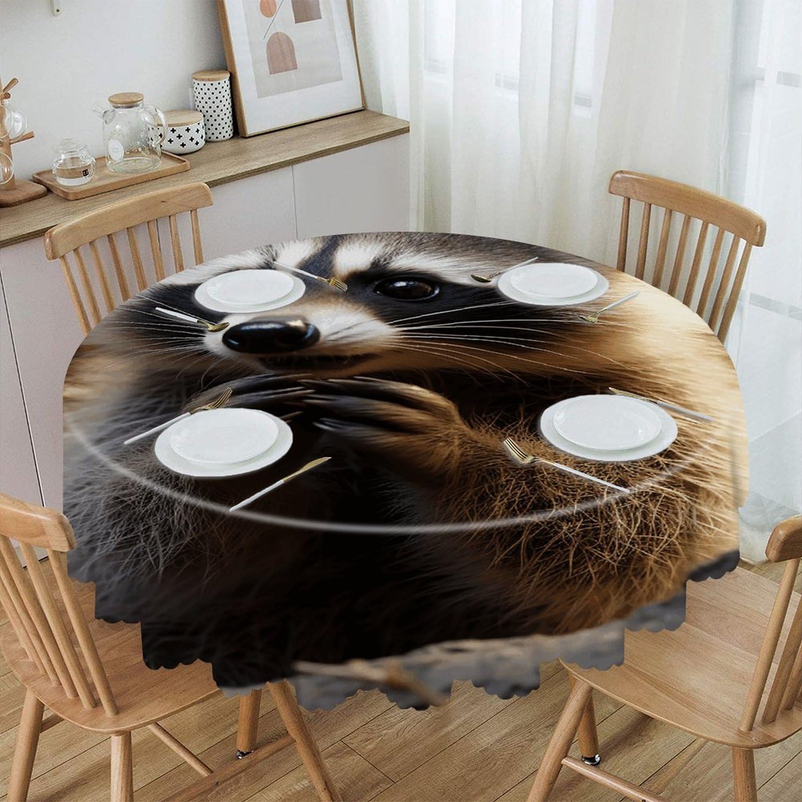 VstaDank Cute Raccoon Round Tablecloth Premium Polyester Table Cloth Heavy Duty Washable Fabric Tablecloth Waterproof Holiday Table Cover Decorative Tablecloths for Dining 60"