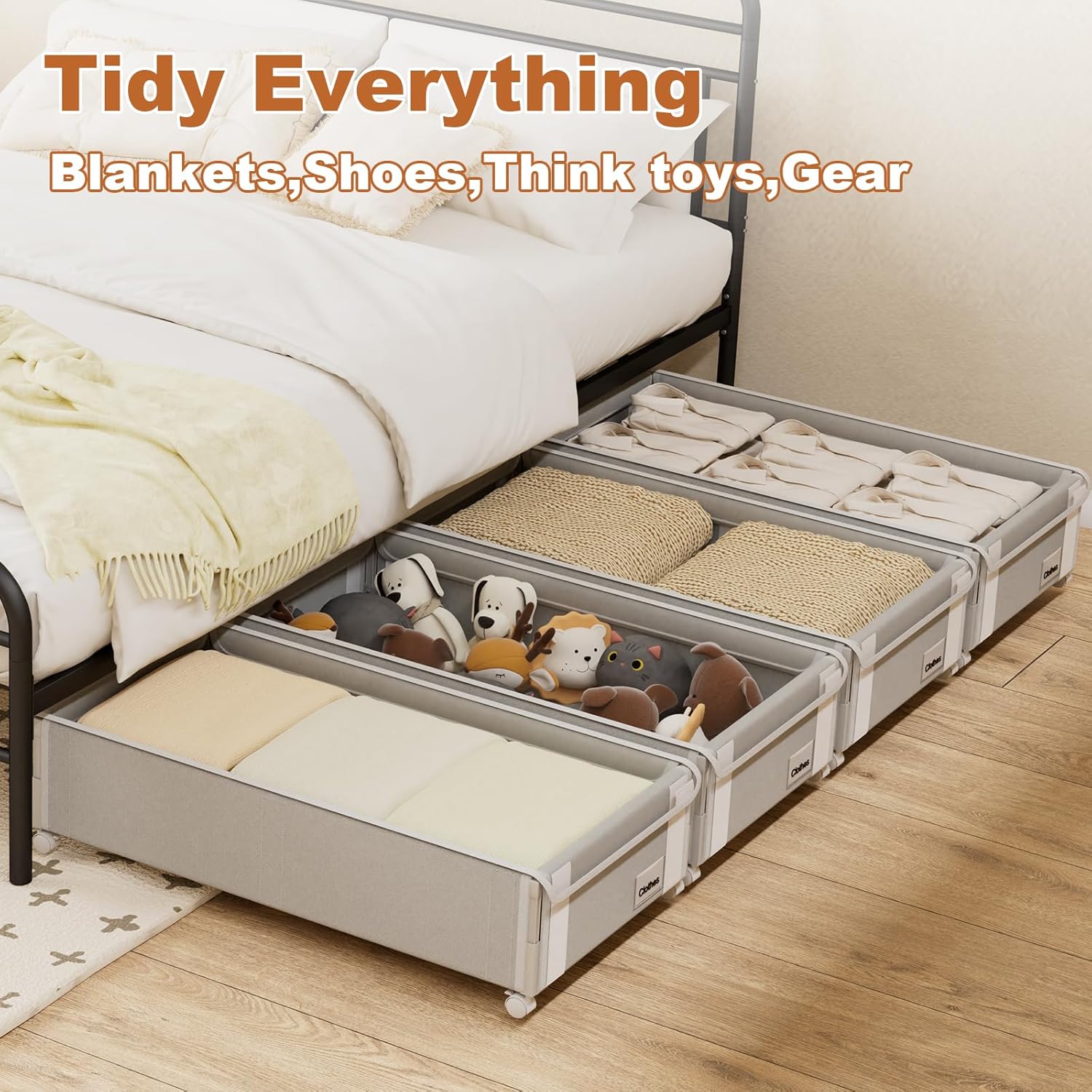 2Pack Under Bed Storage with Wheels,6.7"-9" Adjustable Height Underbed Storage,Under Bed Storage Containers,Rolling Under Bed Clothes Storage,Metal Under Bed Drawers for Shoes,Blankets,Toys
