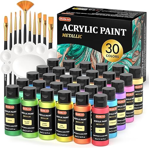 Shuttle Art Pintura acrílica metálica de 30 colores, pintura acrílica metálica con 10 pinceles y 1 paleta, 2.0fl oz2 onzas, pigmentos ricos, pintura